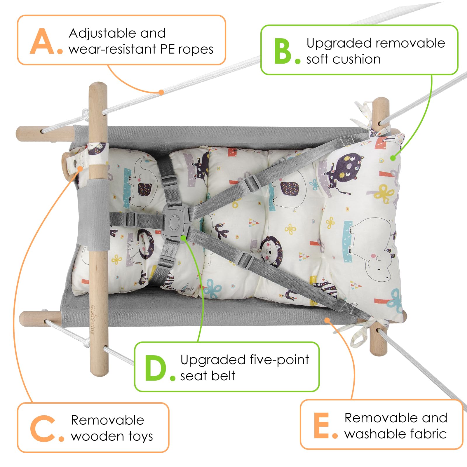 **Baby Swing for Infants & Toddlers - Soft Canvas Hammock Swing with Safety Belt & Mounting Kit - Indoor/Outdoor Wooden Hanging Chair for Kids 0-3 Years - Cute Animal Design - Perfect for Nursery, Playroom, Backyard & Park**
