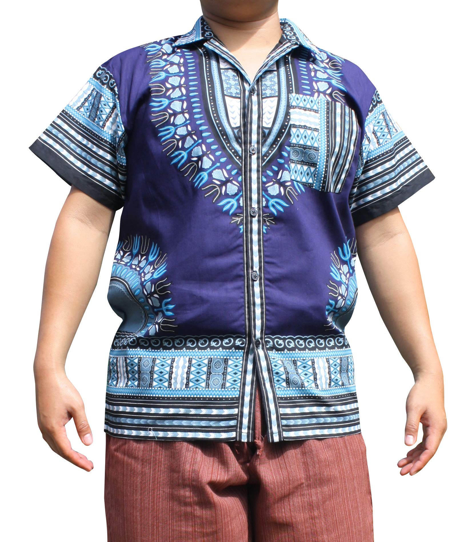 Authentic African Dashiki Artwork Hawaiian Shirt - 100% Pure Cotton, Large Collar for Men | Beach Vacation, Summer Party & Casual Wear