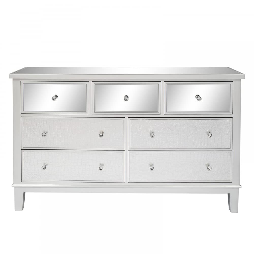 MengK FCH Modern Silver TV Stand with 7 Drawers & Mirrored Glass - Perfect for Living Room, Bedroom & Home Theater Setup