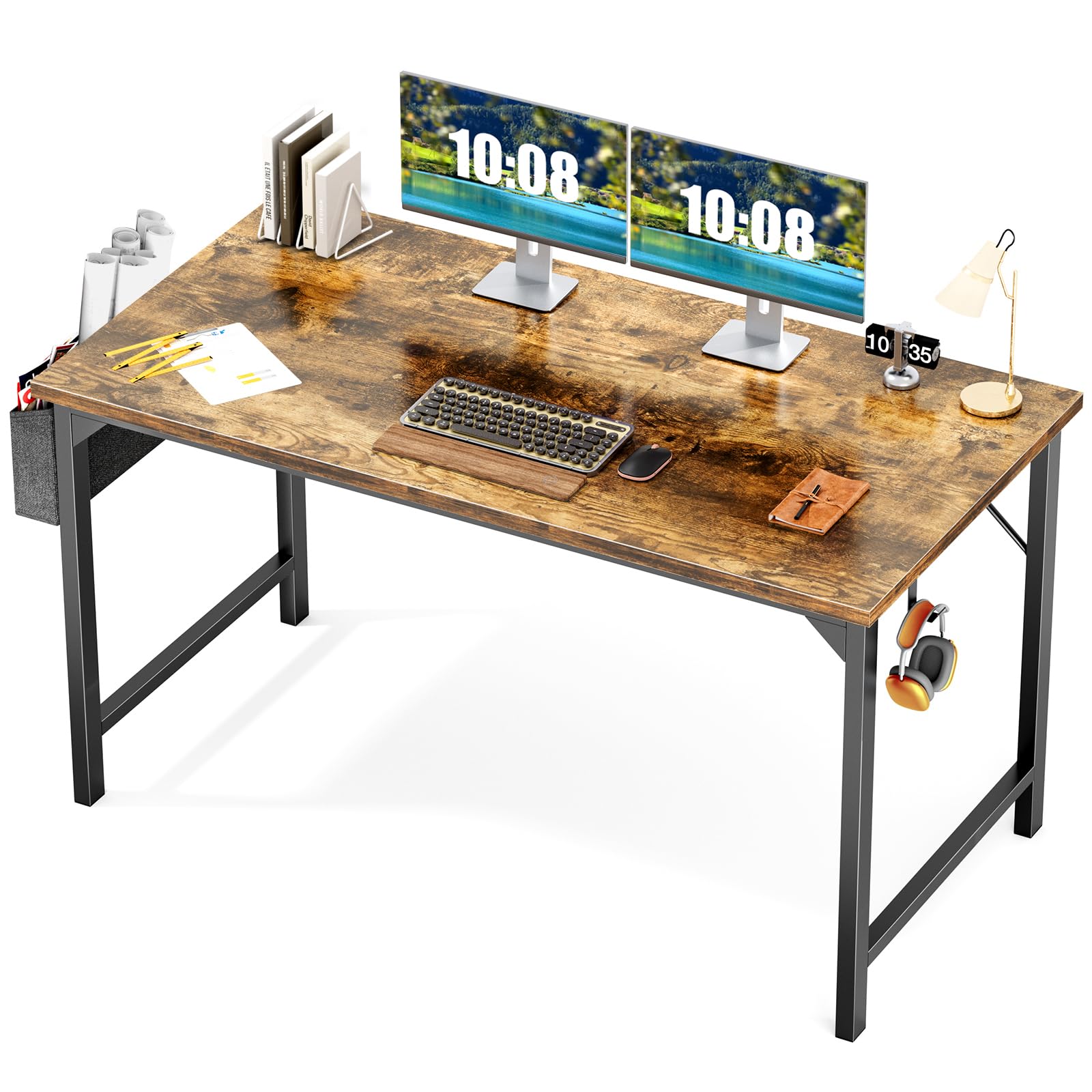OLIXIS 48 Inch Modern Wooden Computer Desk for Home Office, Study & Gaming - Rustic Brown Writing Desk with Storage Bag & Headphone Hook - Perfect for Small Spaces, Bedrooms, Student Dorms & Shared Workspaces