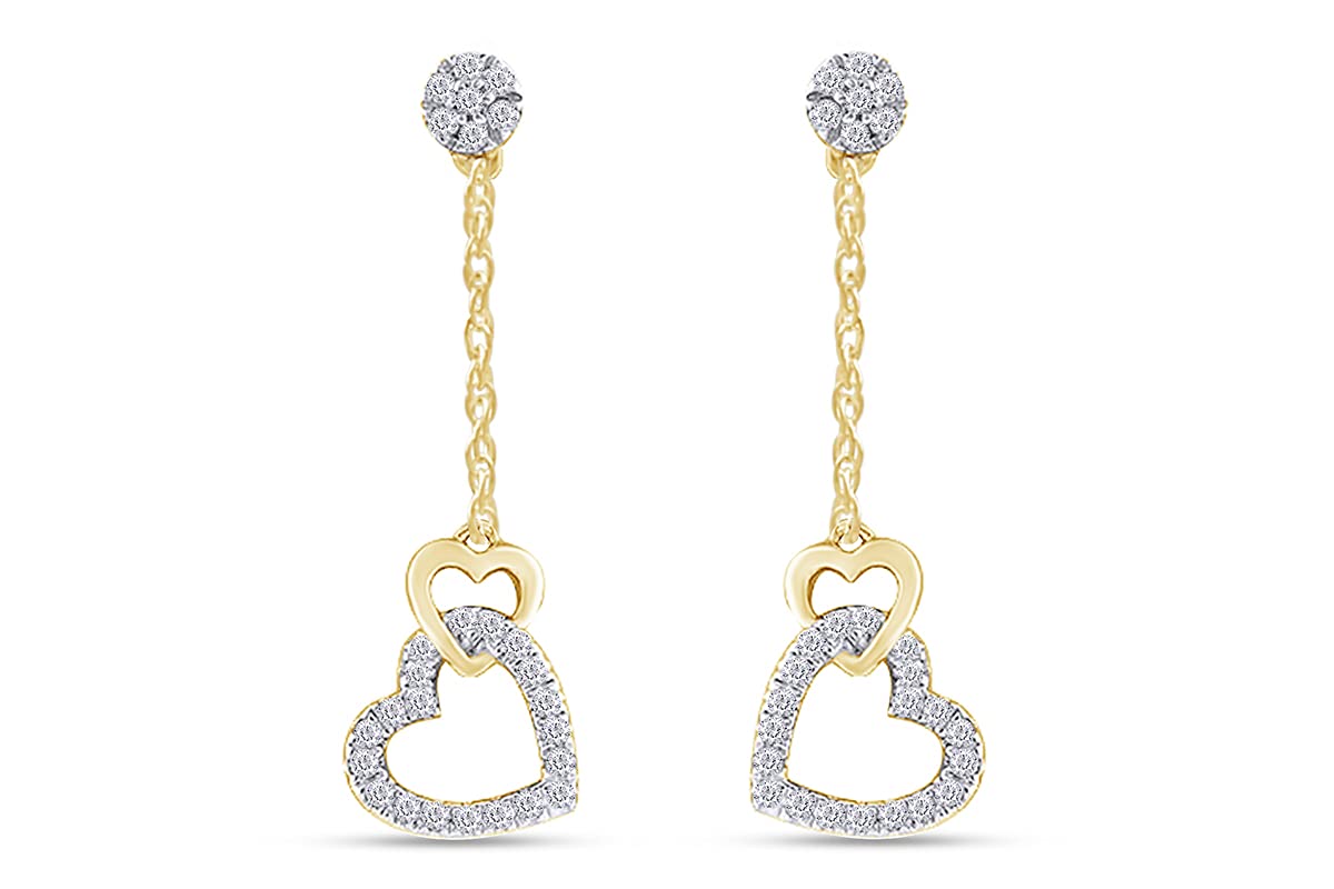 1/10 Carat Round Cut White Natural Diamond Double Heart Drop Earrings - 14k Gold Plated 925 Sterling Silver Jewelry for Women (I2-I3 Clarity, I-J Color, 0.10 Cttw) - Perfect for Valentine's Day, Anniversary, Birthday Gifts & Special Occasions