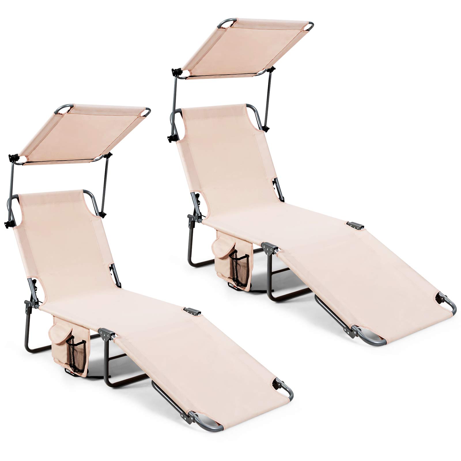 Giantex Adjustable Tanning Chair with Canopy & Storage - 5-Position Reclining Patio Chaise Lounge - Portable Folding Beach Chair for Poolside, Lawn, Camping & Outdoor Sunbathing (Beige, 2-Pack) - Perfect for Backyard Relaxation, Beach Vacations & Summer Lounging