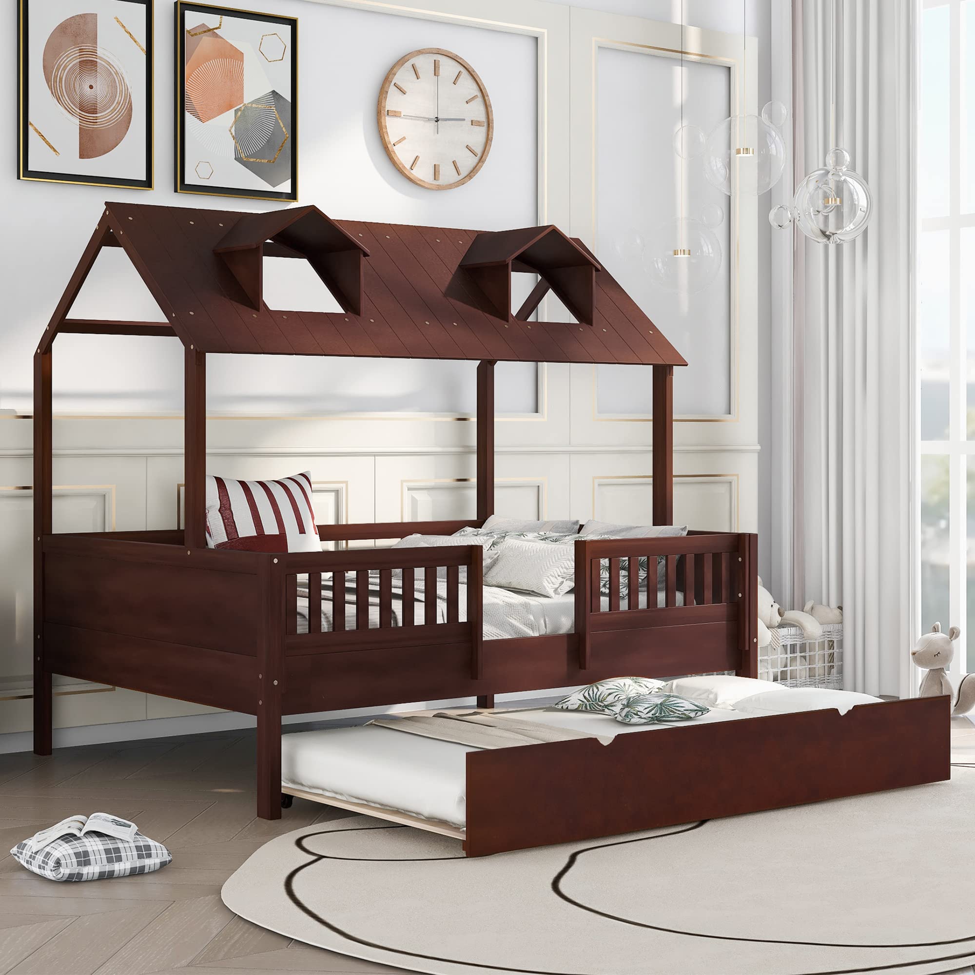 Full Size House Bed with Trundle - Solid Wood Playhouse Bed Frame for Kids & Teens, No Box Spring Needed (Espresso Finish) - Perfect for Bedrooms, Playrooms & Sleepovers