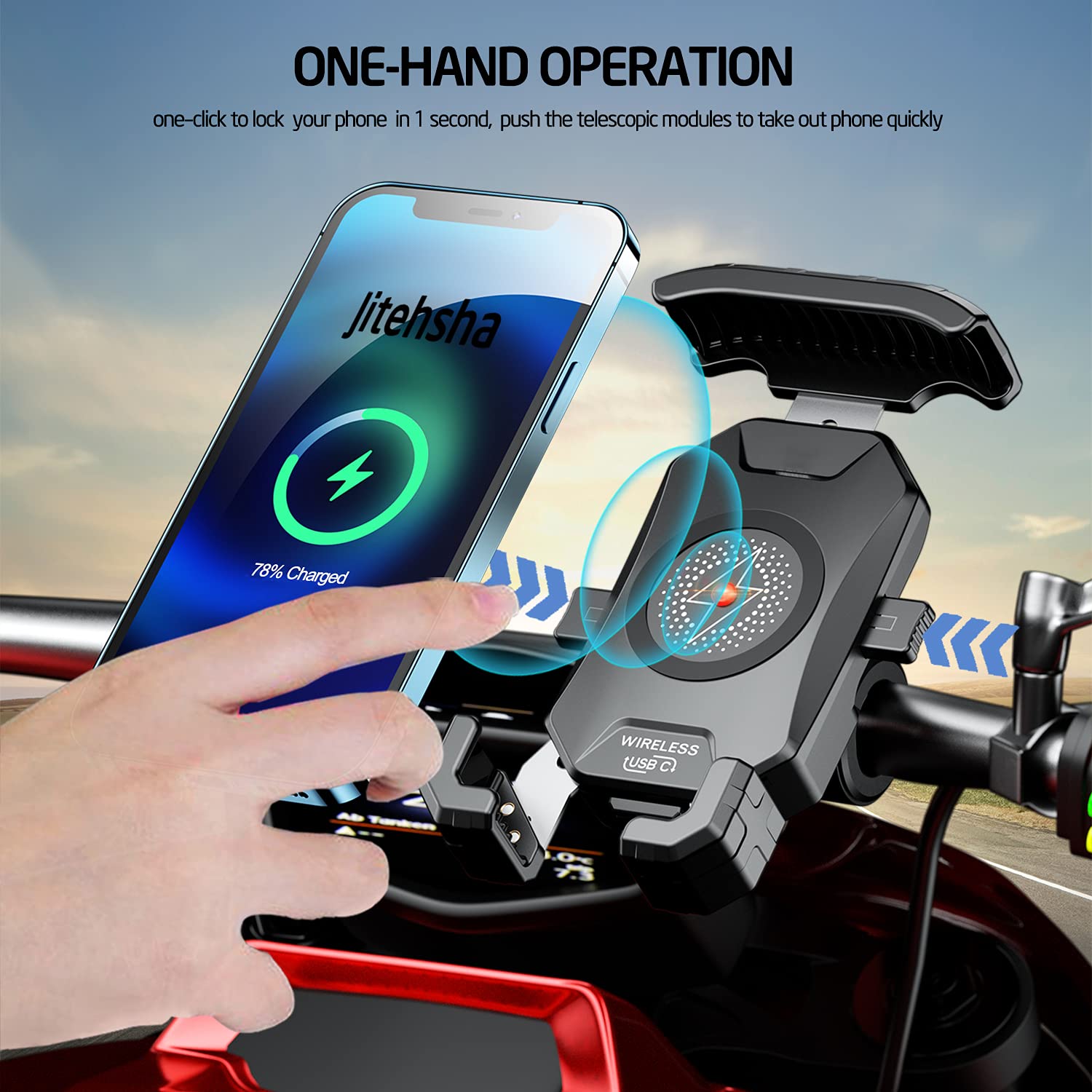 Anti-Theft Motorcycle Phone Mount with Wireless Charger - 15W Fast Charging, USB-C 5V 3A, 360° Rotation, Waterproof Handlebar Stem Holder for 4.0-7.0 Inch Phones (Fits 1