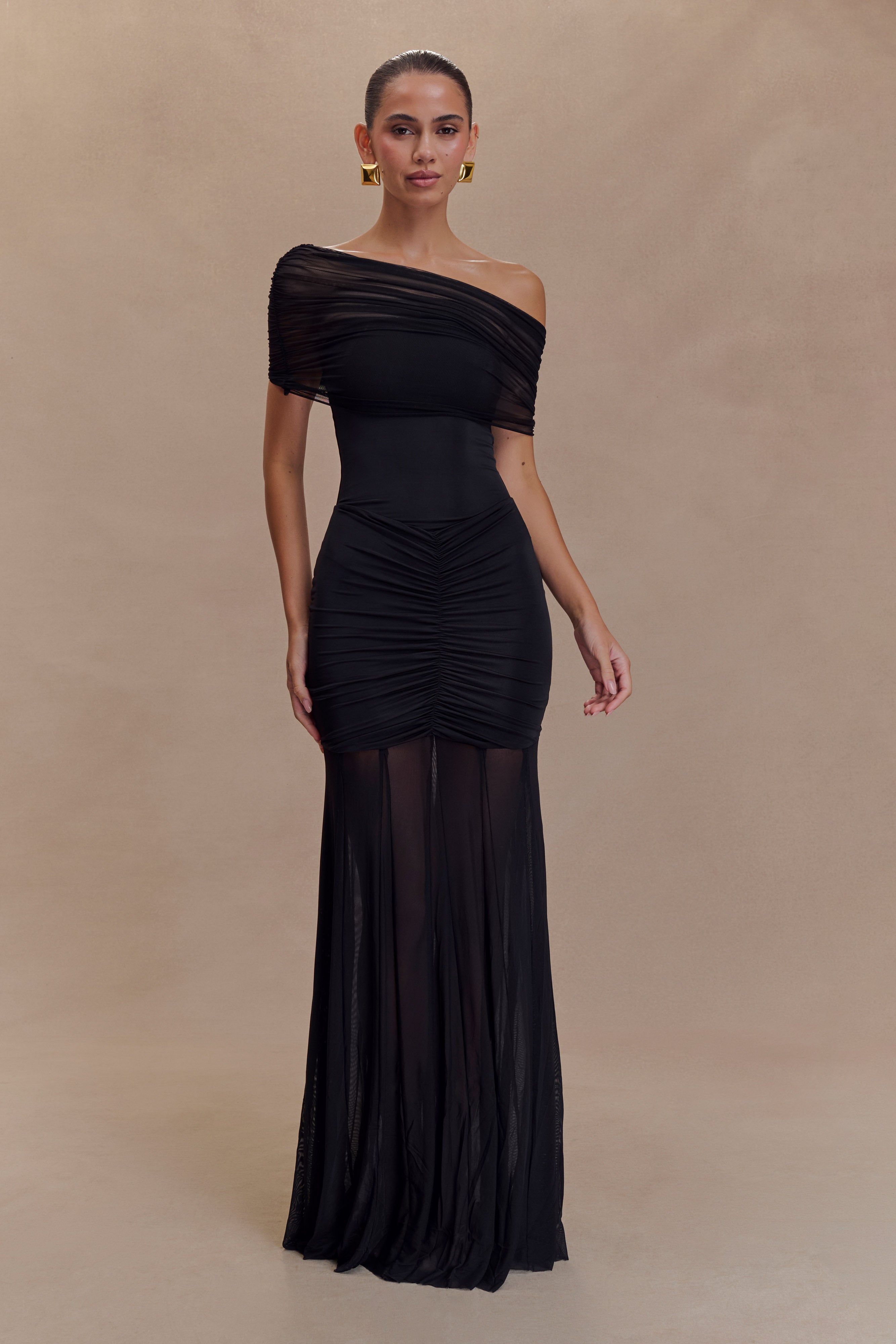 Elegant Black Caspian Slinky & Mesh Off-Shoulder Maxi Dress for Women - Perfect for Evening Parties, Weddings & Summer Vacations