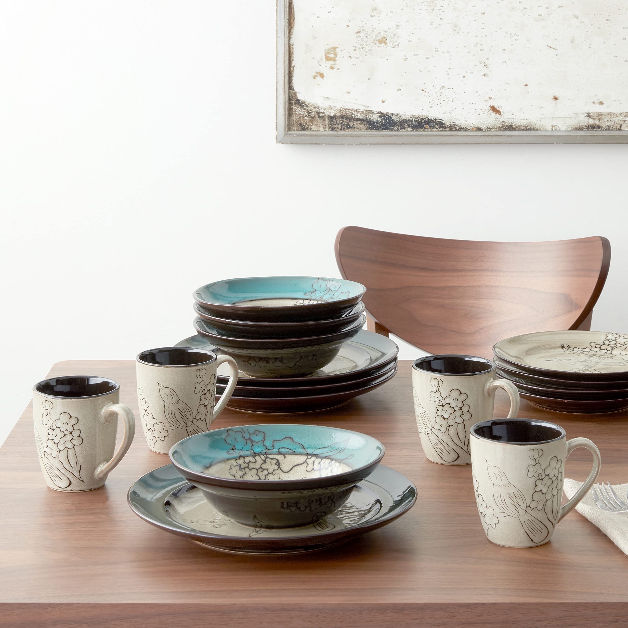 Song Bird Dinnerware Set - 16 Piece Porcelain Dinner Plates, Bowls, Cups & Saucers - Elegant Floral Design for Dining, Parties & Home Decor