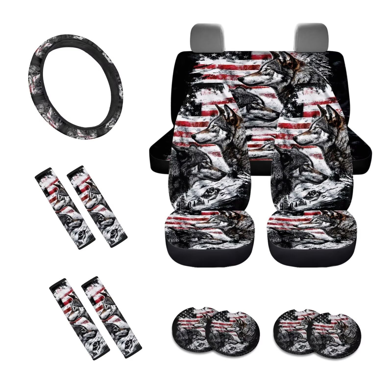 Wolf American Flag 13-Piece Car Accessories Set - Front & Back Seat Covers, Steering Wheel Cover, Seat Belt Protectors & Car Coasters | Durable & Comfortable for SUV, Truck & Sedan | Perfect for Road Trips, Daily Commute & Car Protection