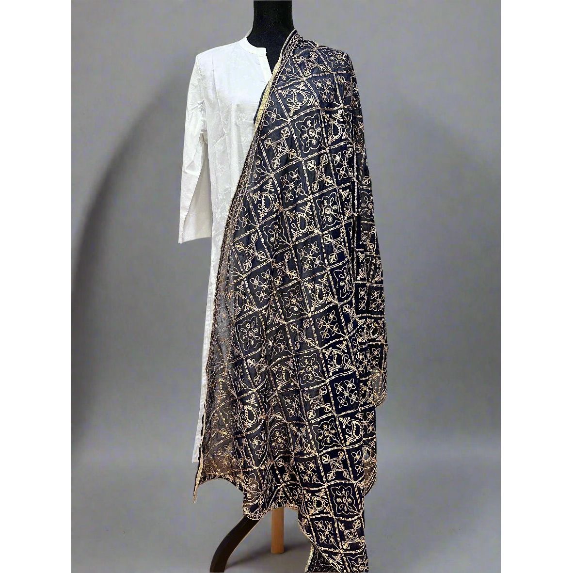 Elegant Black and Gold Embroidered Dupatta Scarf - Perfect for Weddings, Parties & Festive Occasions