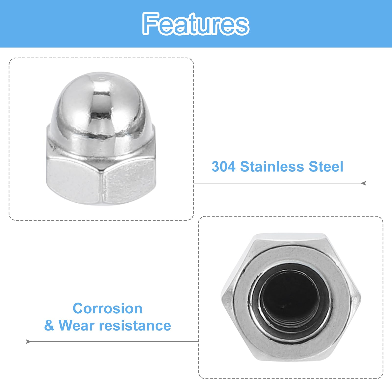 uxcell #10-32 Acorn Cap Nuts, 20Pcs 304 Stainless Steel Dome Head Nuts - Corrosion Resistant Hardware for Bolt Covers (Silvery Finish) - Perfect for Furniture Assembly, Automotive Repair & DIY Projects