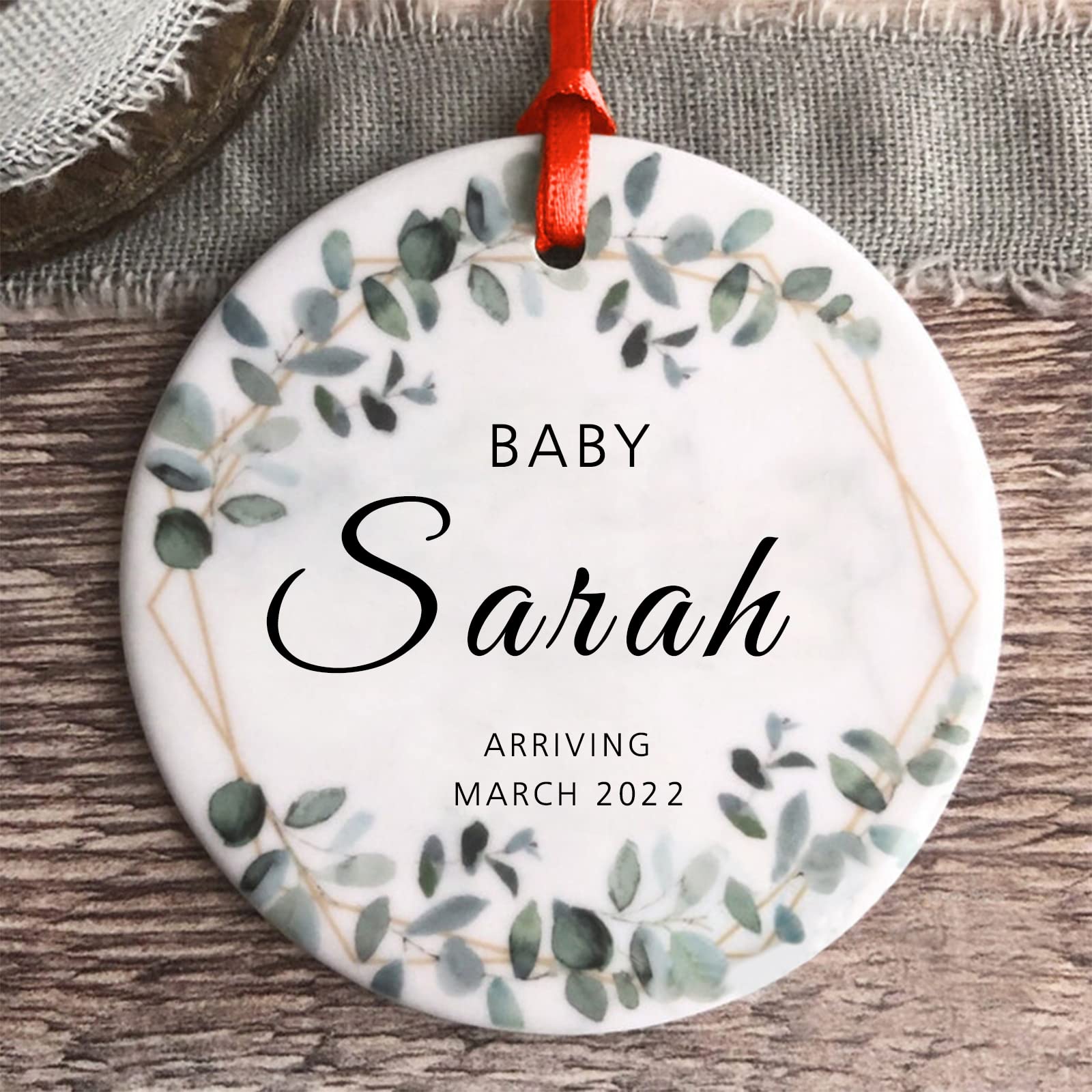 Personalized Baby Reveal Pregnancy Ornament - Ceramic Round Keepsake for Gender Reveal, Baby Showers & Birthdays - Custom Boy or Girl Greenery Decor - Perfect Gift for New Parents & Baby Celebrations