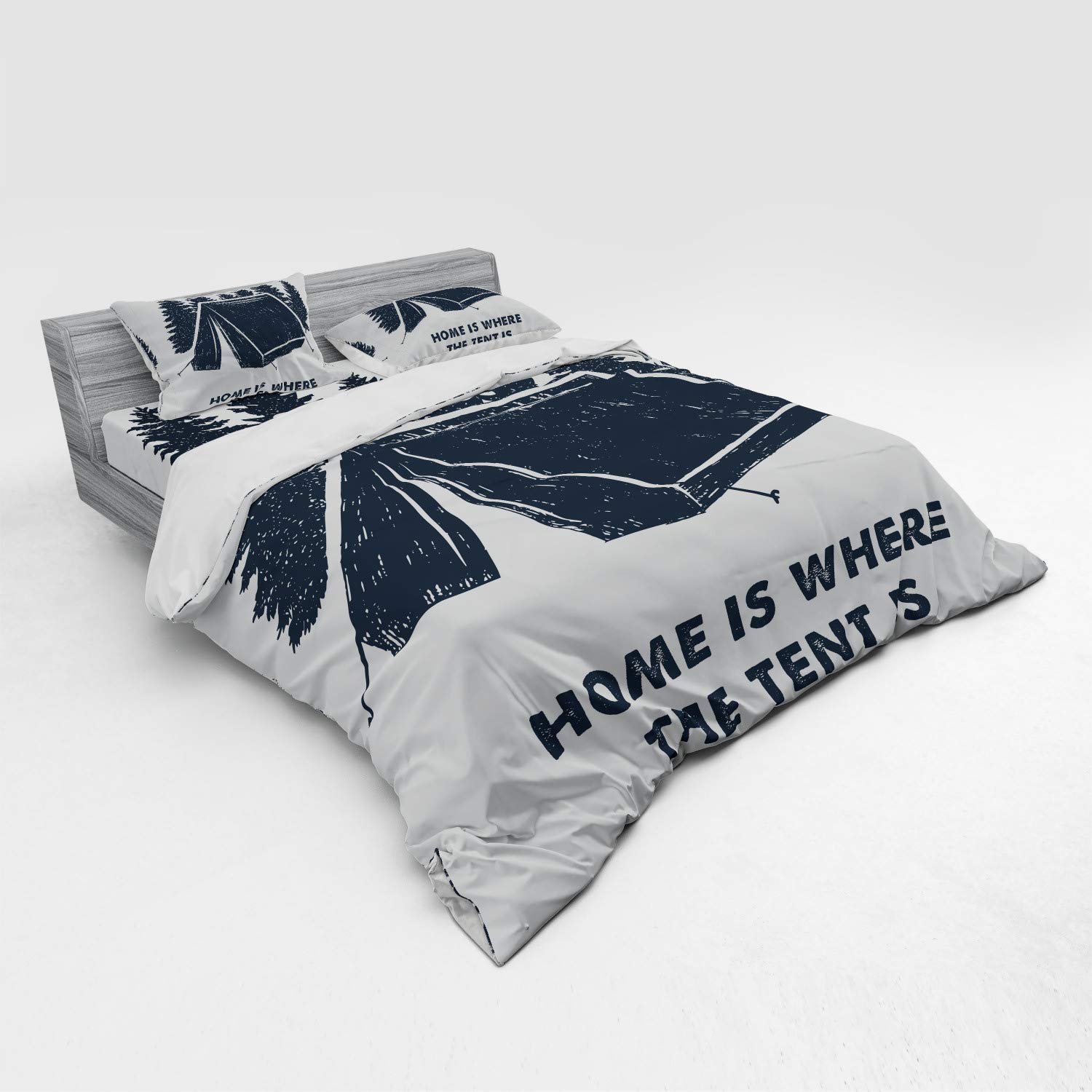 Ambesonne Camping Themed Duvet Cover Set - 'Home is Where The Tent is' Pine Tree Design with Matching Shams & Fitted Sheet, 4-Piece King Size Bedding in Dark Blue & White - Perfect for Camping Enthusiasts & Outdoor-Themed Bedrooms