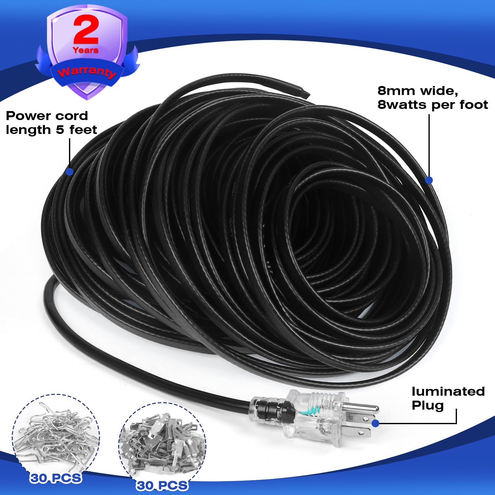 3FT-160FT Self-Regulating Heat Tape for Water Pipes -40°F to 122°F, Deicing Pipe Heating Cable with Built-in Thermostat, 120V 8W/ft (100FT) - Prevent Frozen Pipes in Winter for Roof Gutters, Exposed Pipes & Outdoor Water Hoses