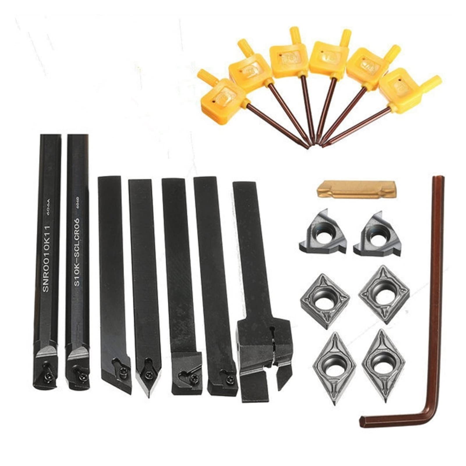 7Pcs 10mm Shank Lathe Turning Tool Boring Bar Holder Kit with DCMT/CCMT Carbide Inserts & Machine Wrench - SENMIAO-TH for Metalworking, Woodturning & DIY Projects