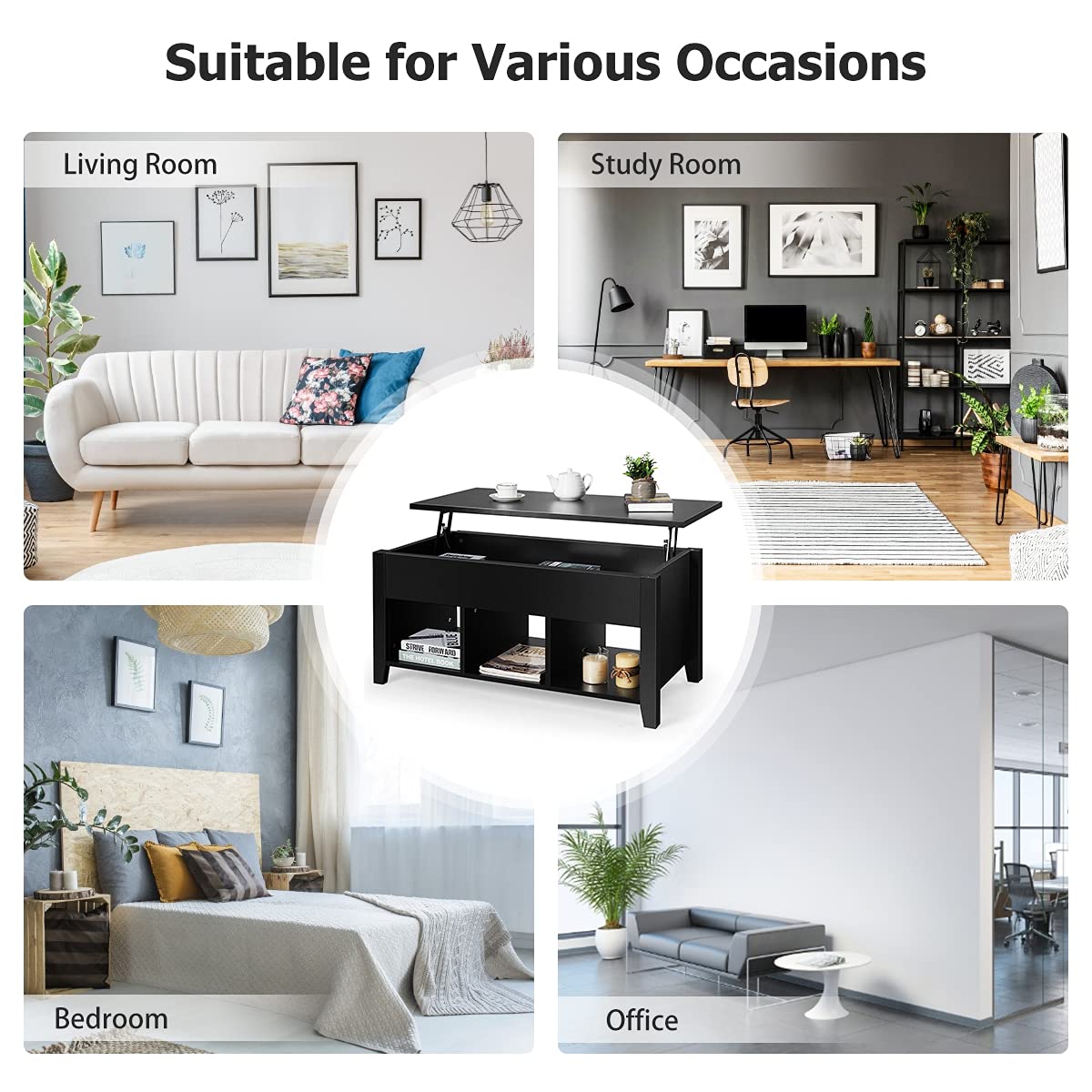 Lift Top Coffee Table with Hidden Storage - Modern Minimalist Wooden Coffee Table with 3 Open Cube Shelves for Living Room & Office - Perfect for Small Spaces, Home Decor & Organization (Black)