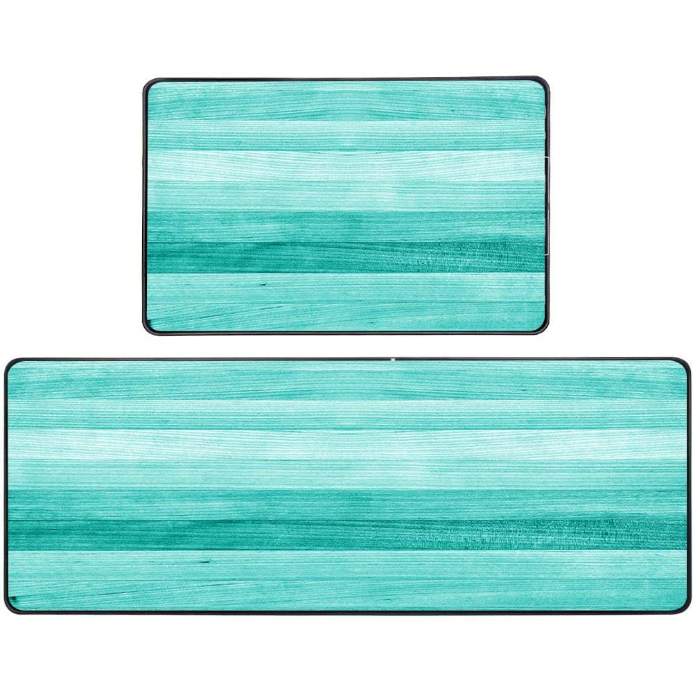 TOMWISH Non-Slip Teal Kitchen Rugs Set - 2 PCS Turquoise Green Painted Mats (17