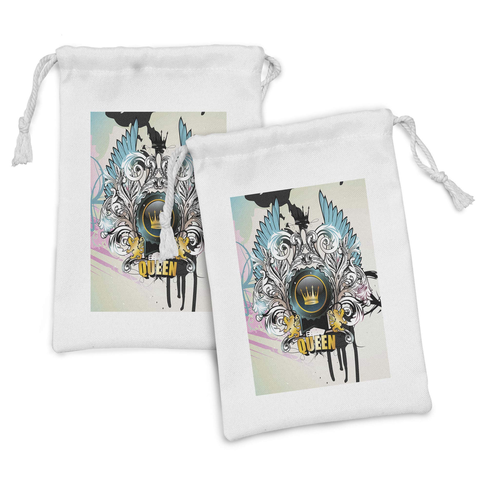 Ambesonne Queen Fabric Pouch Set of 2 - Crown Wings & Victorian Floral Drawstring Bags (9