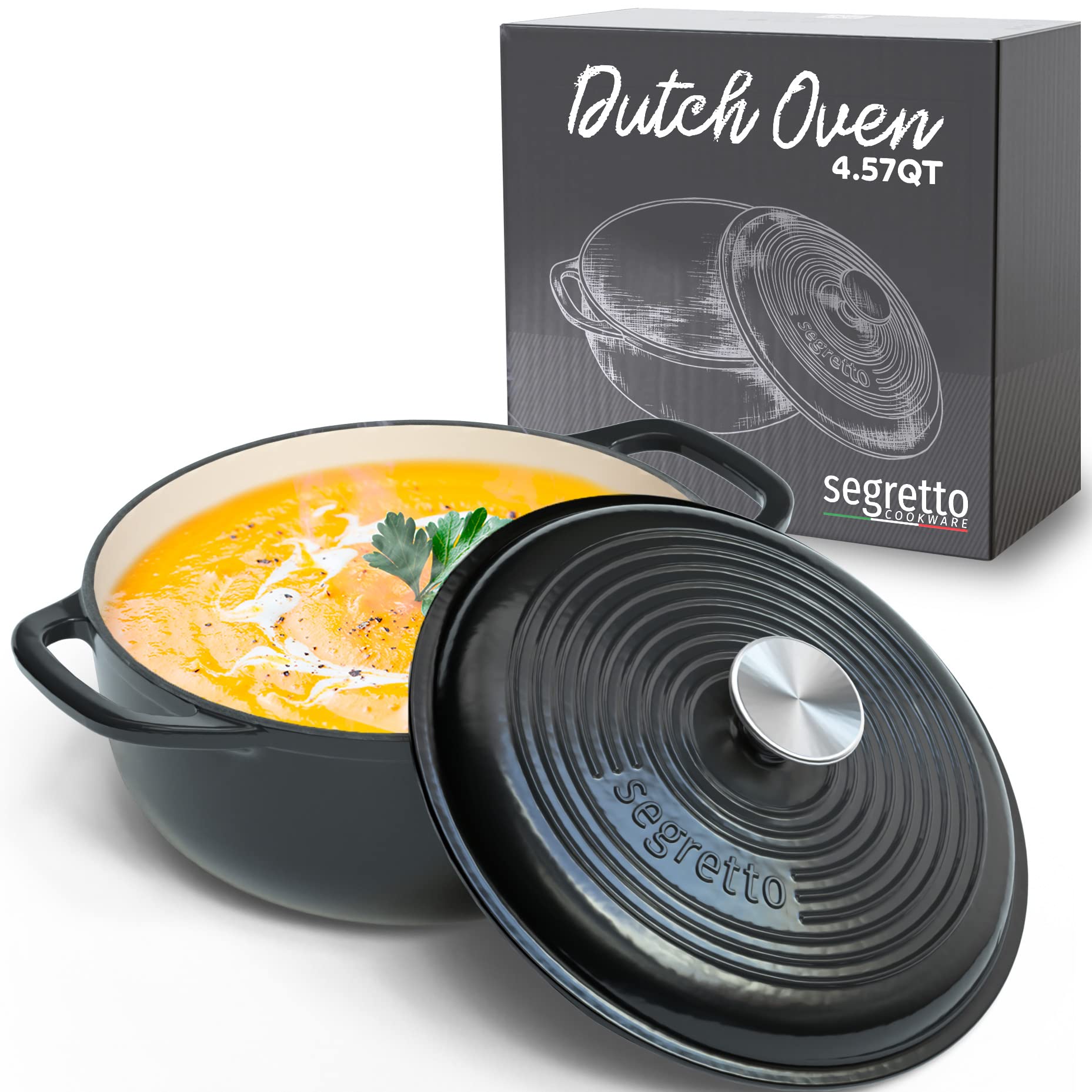 Premium 4.57 Qt Enameled Cast Iron Dutch Oven with Lid - Black (Nero) - Oven & Stovetop Safe Cookware for Baking Bread, Soups, Stews & Braising - Perfect for Home Chefs & Camping