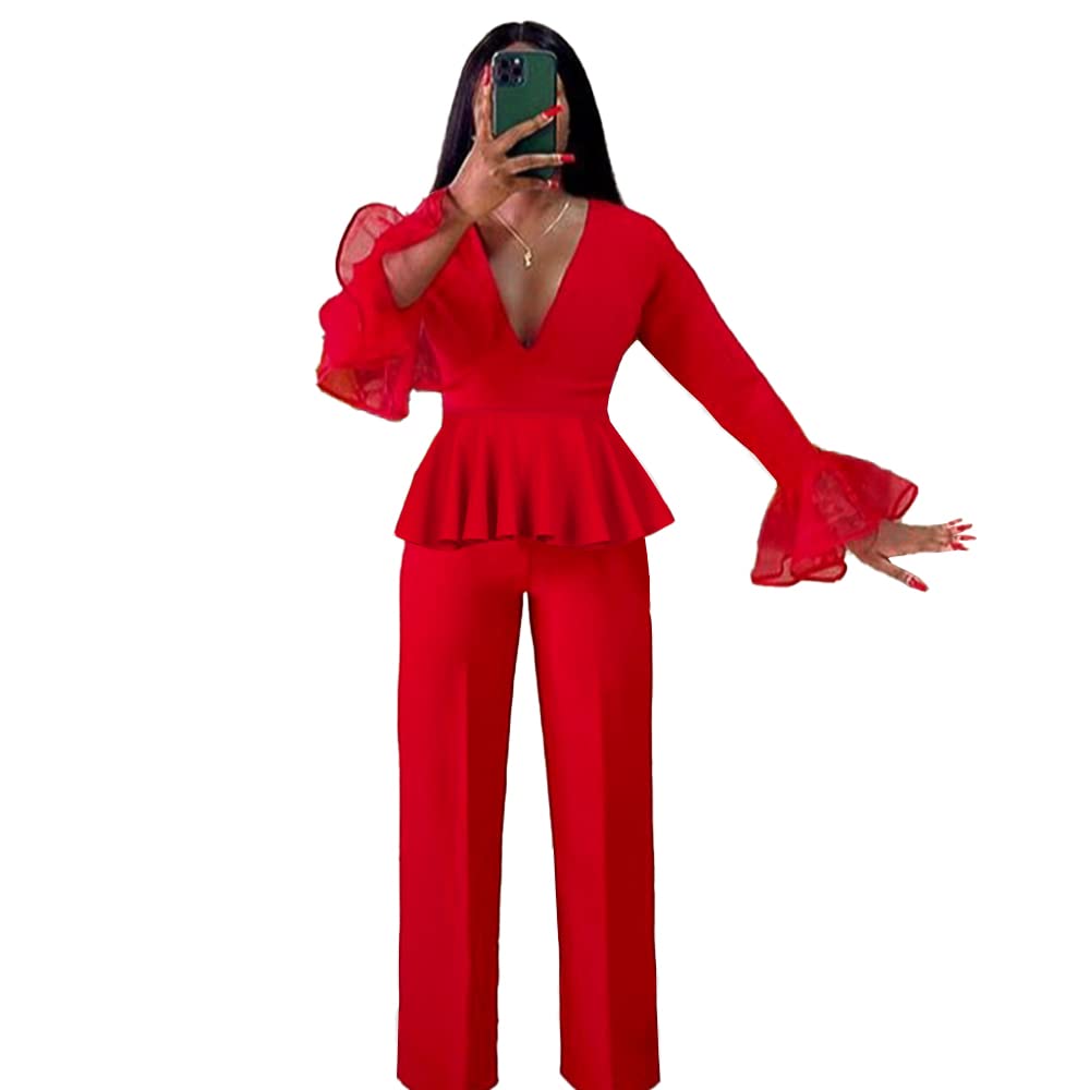 AOMEI Women's Red V-Neck Long Flared Sleeve Tulle Peplum Wide Leg Pants Jumpsuit - Elegant Party Outfit for Evening Events, Weddings & Special Occasions