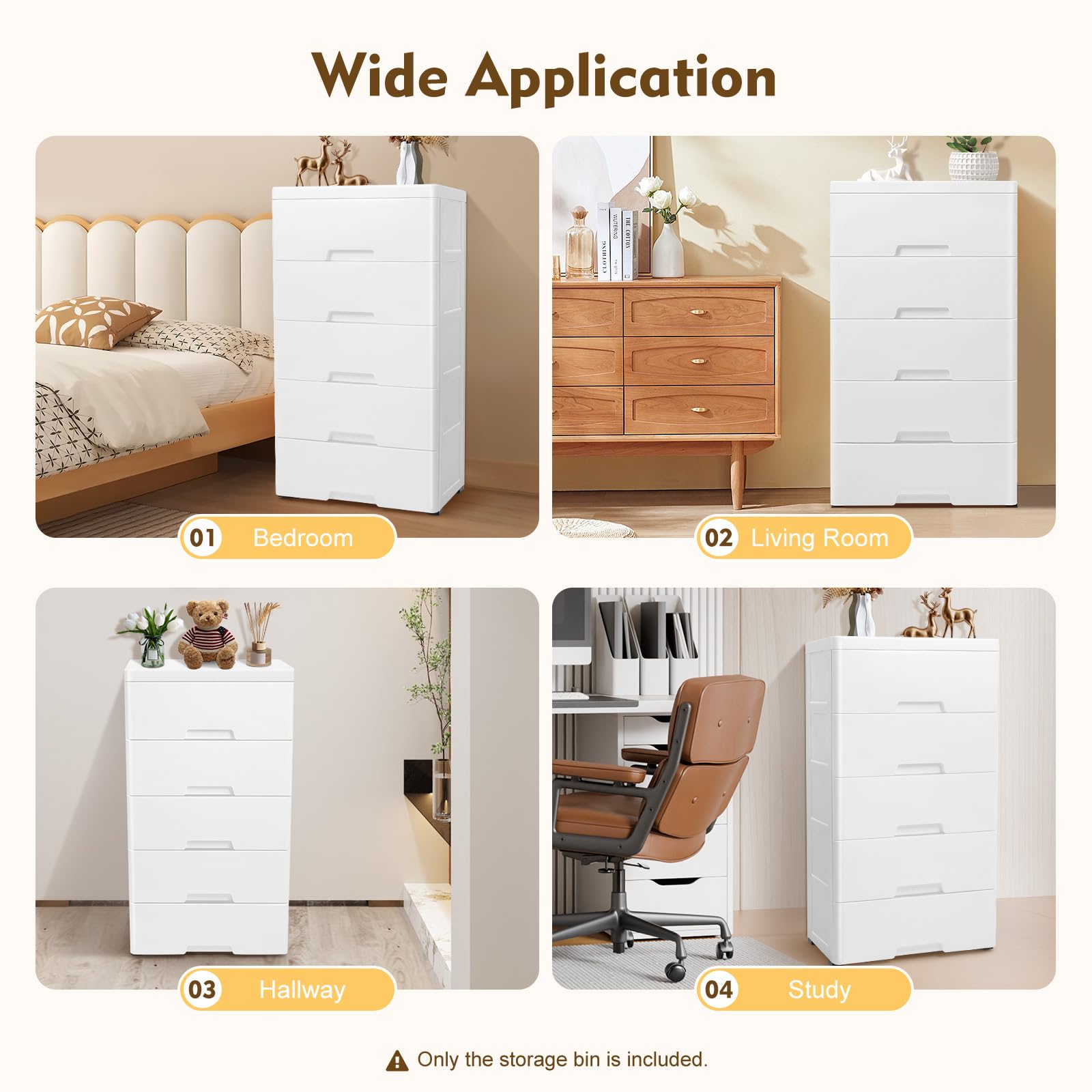 5-Drawer Plastic Storage Cabinet with Wheels - Tall Standing Dresser Organizer for Playroom, Bedroom, Closet & Office - White