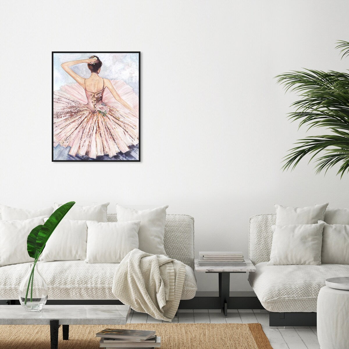 Ballet Dancer Tutu Pink Roses Framed Canvas Wall Art - Elegant Ballet Inspired Home Decor for Living Room, Bedroom & Nursery - Perfect Gift for Dance Lovers