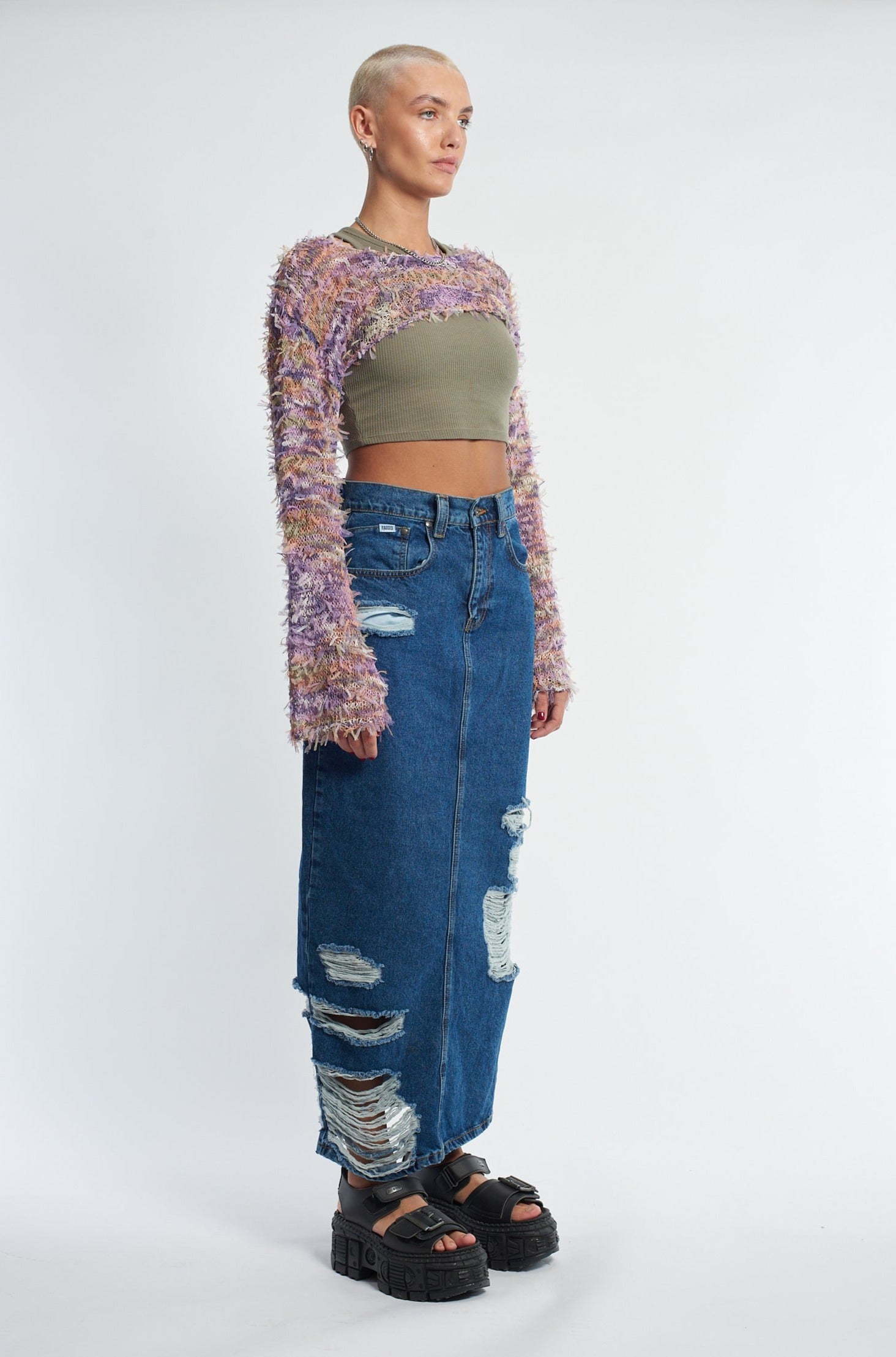Vintage Distressed Denim Maxi Skirt for Women - High Waisted Long Denim Skirt with Side Slits - Perfect for Casual Outfits, Music Festivals & Boho Style