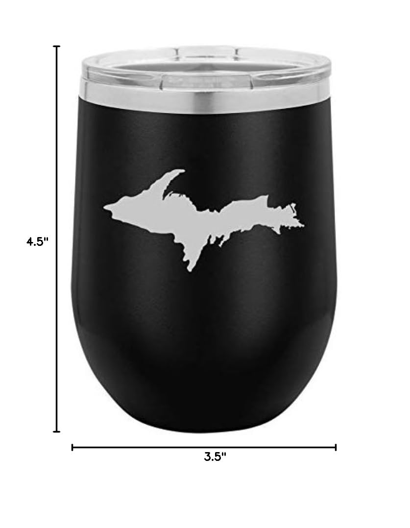 12 oz Double Wall Vacuum Insulated Stainless Steel Stemless Wine Tumbler - Leakproof Travel Mug for Coffee, Tea & Wine - Perfect for Camping, Office & Commuting (Black, Michigan Upper Peninsula Design)