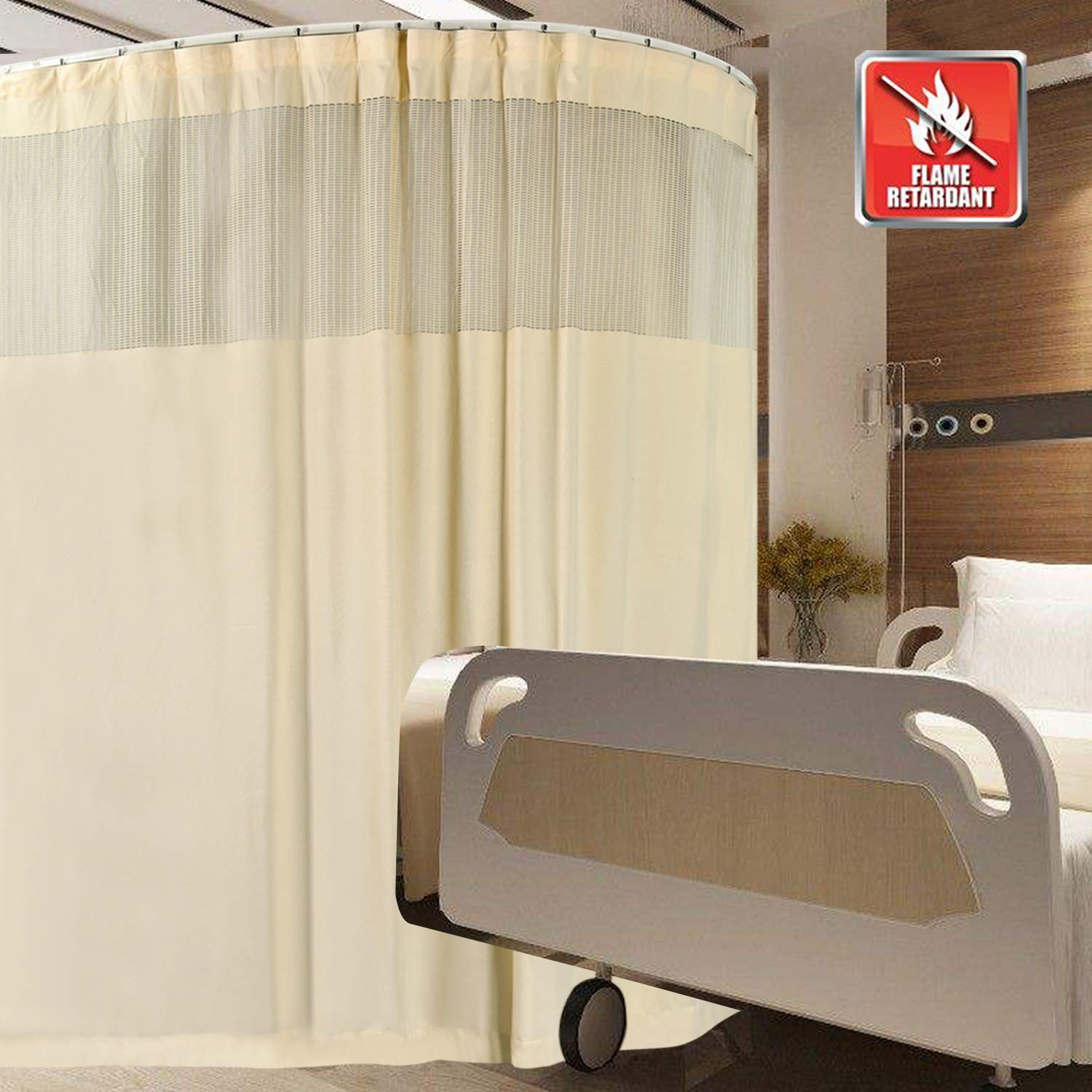 Flame Retardant Hospital Curtains - Pinch Pleated Room Divider Drapes for Healthcare, SPA, School & Nursery - 1 Panel Biscotti Beige (5FT Wide x 8.5FT Tall) - Privacy Solution for Patient Rooms, Classrooms & Wellness Centers