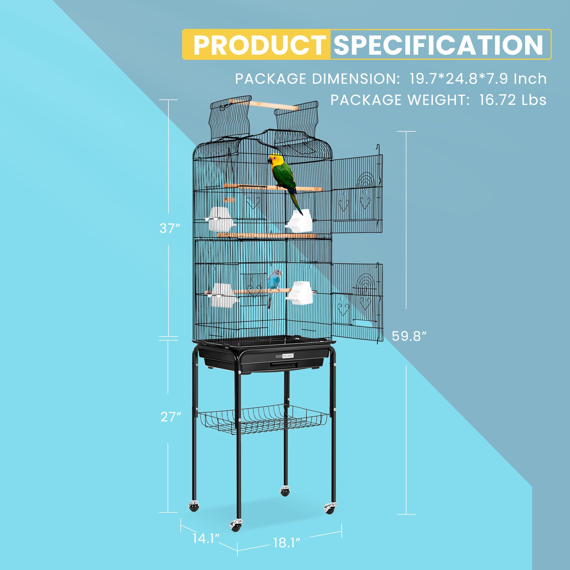 VIVOHOME 64 Inch Large Bird Cage with Play Top & Wheels - Spacious Home for Parrots, Conures, Lovebirds, Cockatiels, Parakeets - Perfect for Playtime & Training in Living Room or Patio