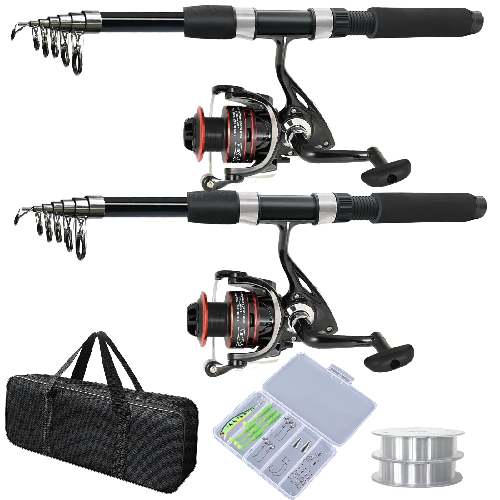 2-Pack Telescopic Fishing Rod and Reel Combo with Spinning Reel & Carry Bag - Saltwater & Freshwater Fishing Gear for Travel, Camping, and Outdoor Adventures