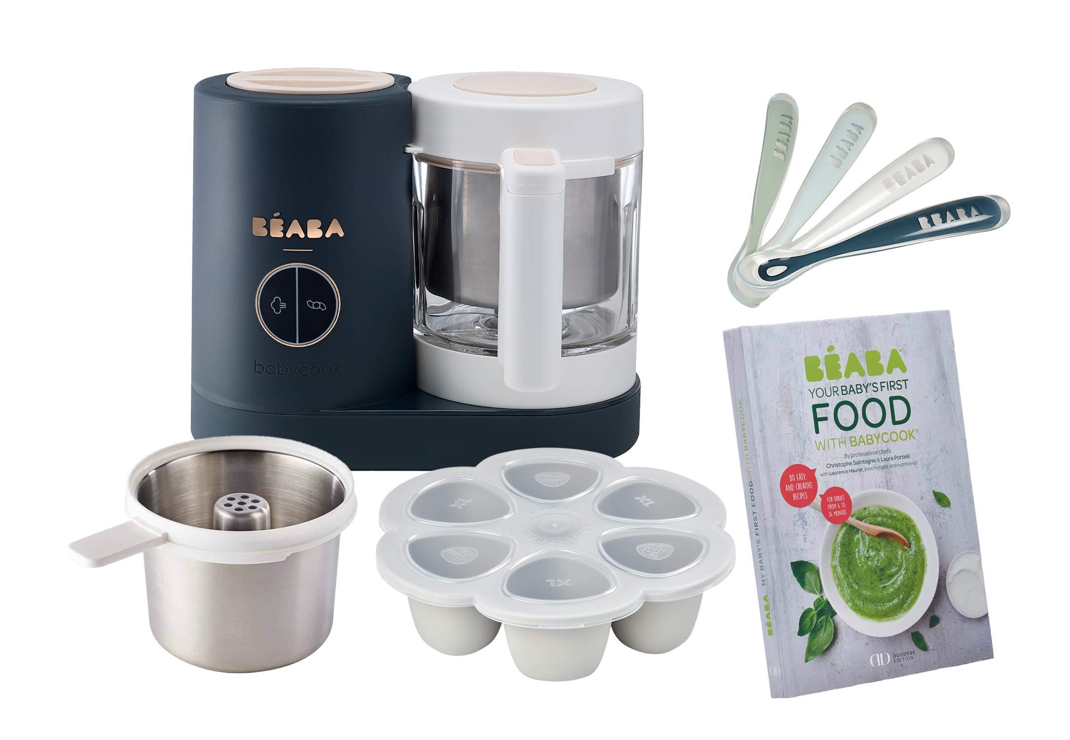BEABA Babycook Neo Midnight Glass Baby Food Maker with 4 Silicone Spoons, Pasta Insert & Storage Tray | Steam & Blend Homemade Baby Food | Perfect for New Parents & Healthy Infant Meals