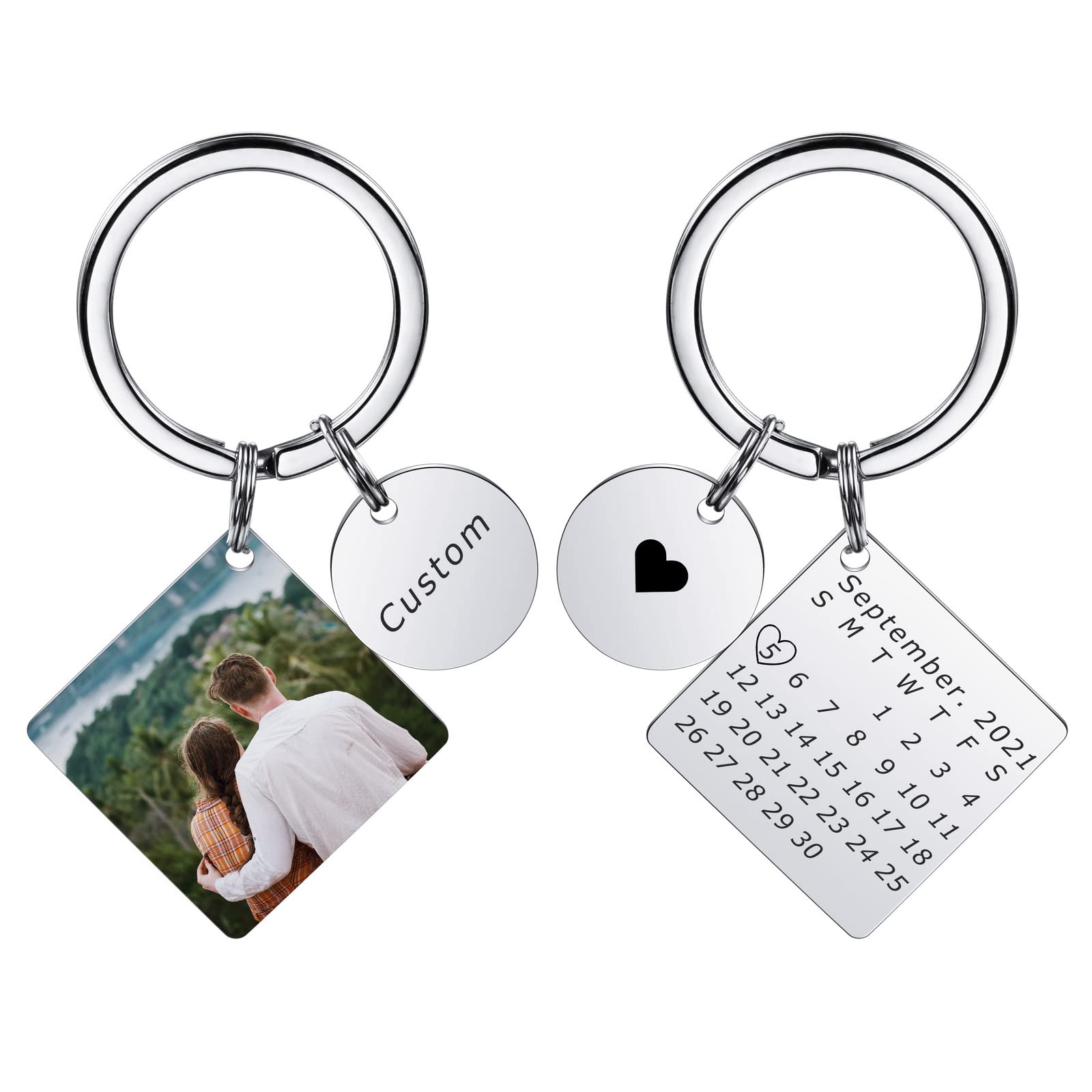 Custom Photo Keychain - Personalized Stainless Steel Keyring with Photo/Calendar/Text - Romantic Couples Gift for Him & Her - Perfect for Anniversaries, Valentine's Day & Birthday Presents