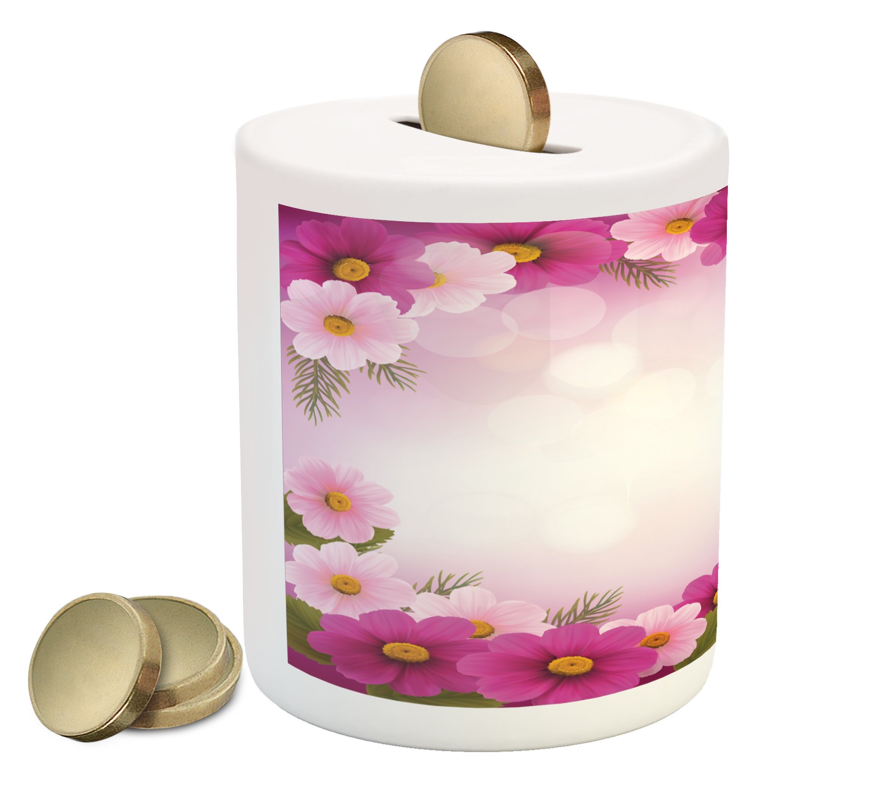 Ambesonne Ceramic Piggy Bank - Romantic Daisies Valentine's Day Design Money Box for Cash Saving | Pink & Green Printed Coin Bank | Perfect for Valentine's Gifts, Kids' Savings & Home Decor