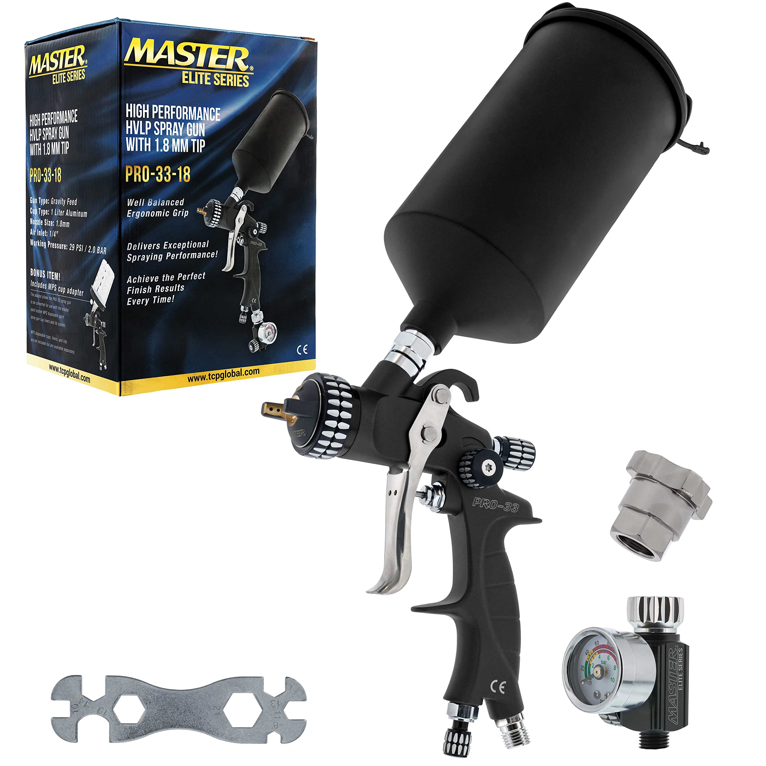 Master Elite PRO-33 HVLP Spray Gun Kit - 1.8mm Nozzle & 25 Disposable Cups for Automotive, Woodworking & DIY Projects - High Performance Gravity Feed Spray Gun for Paint, Stain & Varnish