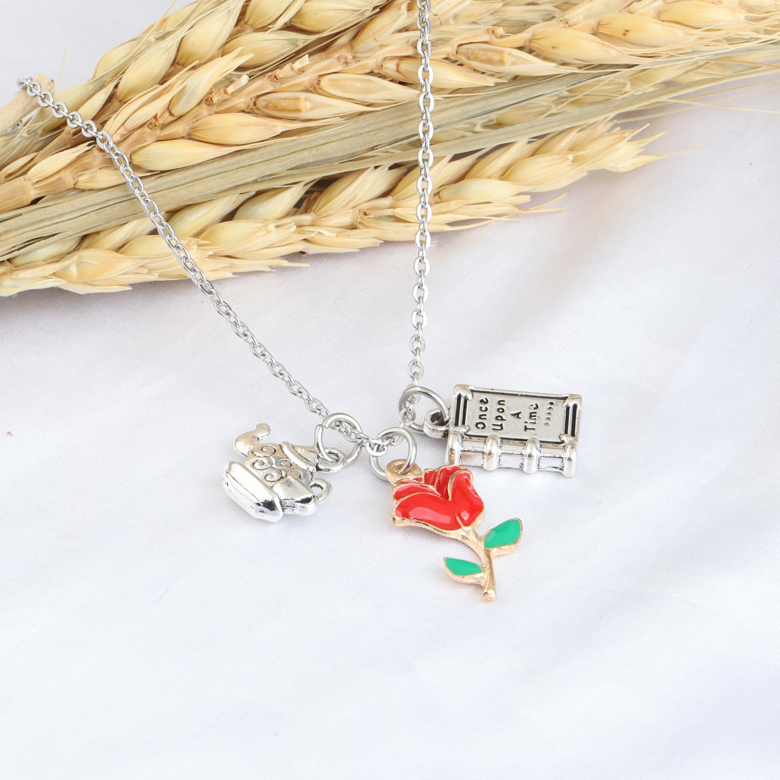 UJIMS Beauty and the Beast Inspired Mirror & Rose Charm Necklace - Belle Princess Jewelry for Disney Fans - Perfect Gift for Fairy Tale Lovers, Cosplay & Special Occasions