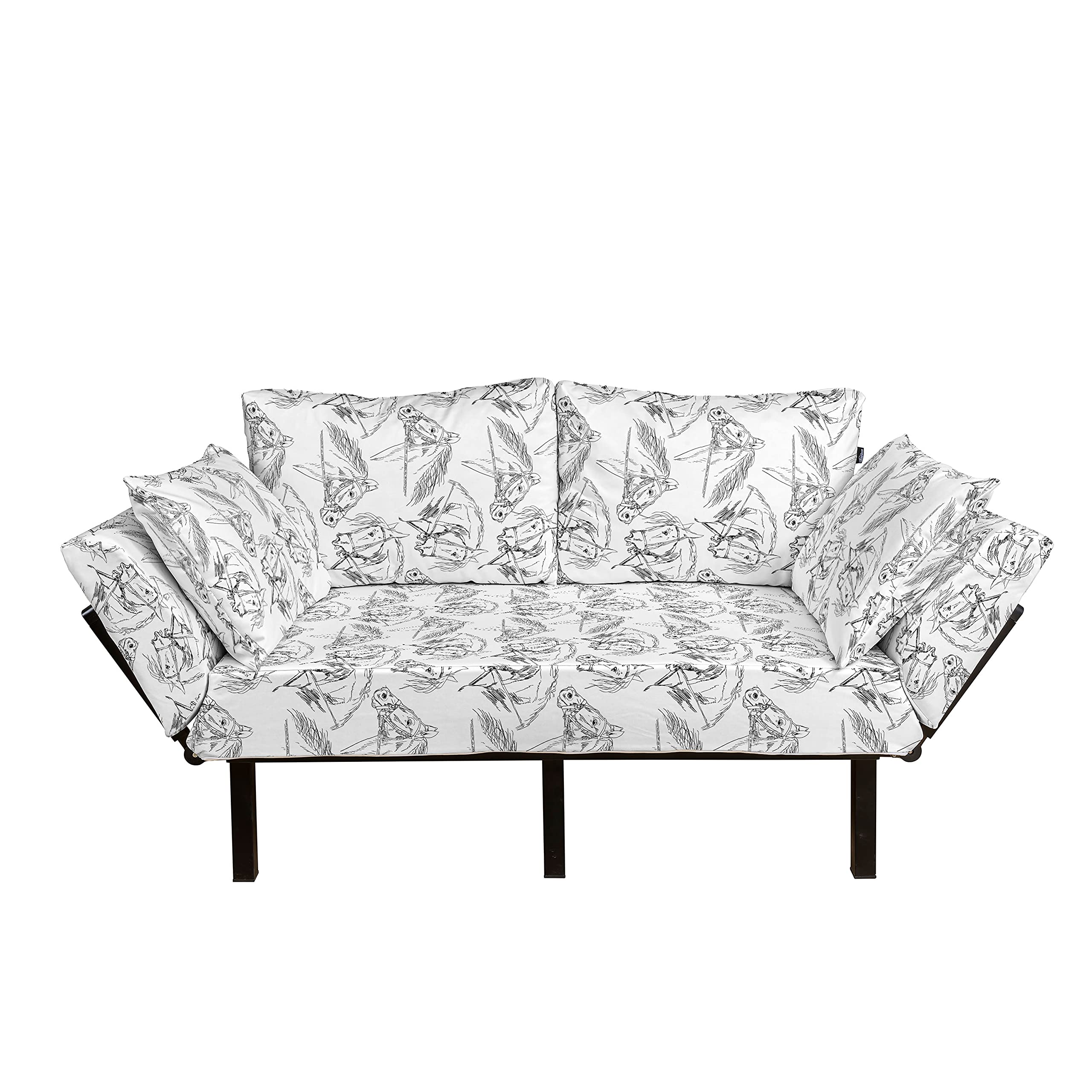 Ambesonne Horses Futon Couch - Monochrome Stallion Sketch with Harness, Metal Frame Upholstered Daybed Sofa for Living Room, Dorm, or Loveseat | Perfect for Small Spaces, Guest Rooms & Cozy Reading Nooks (Black & White)