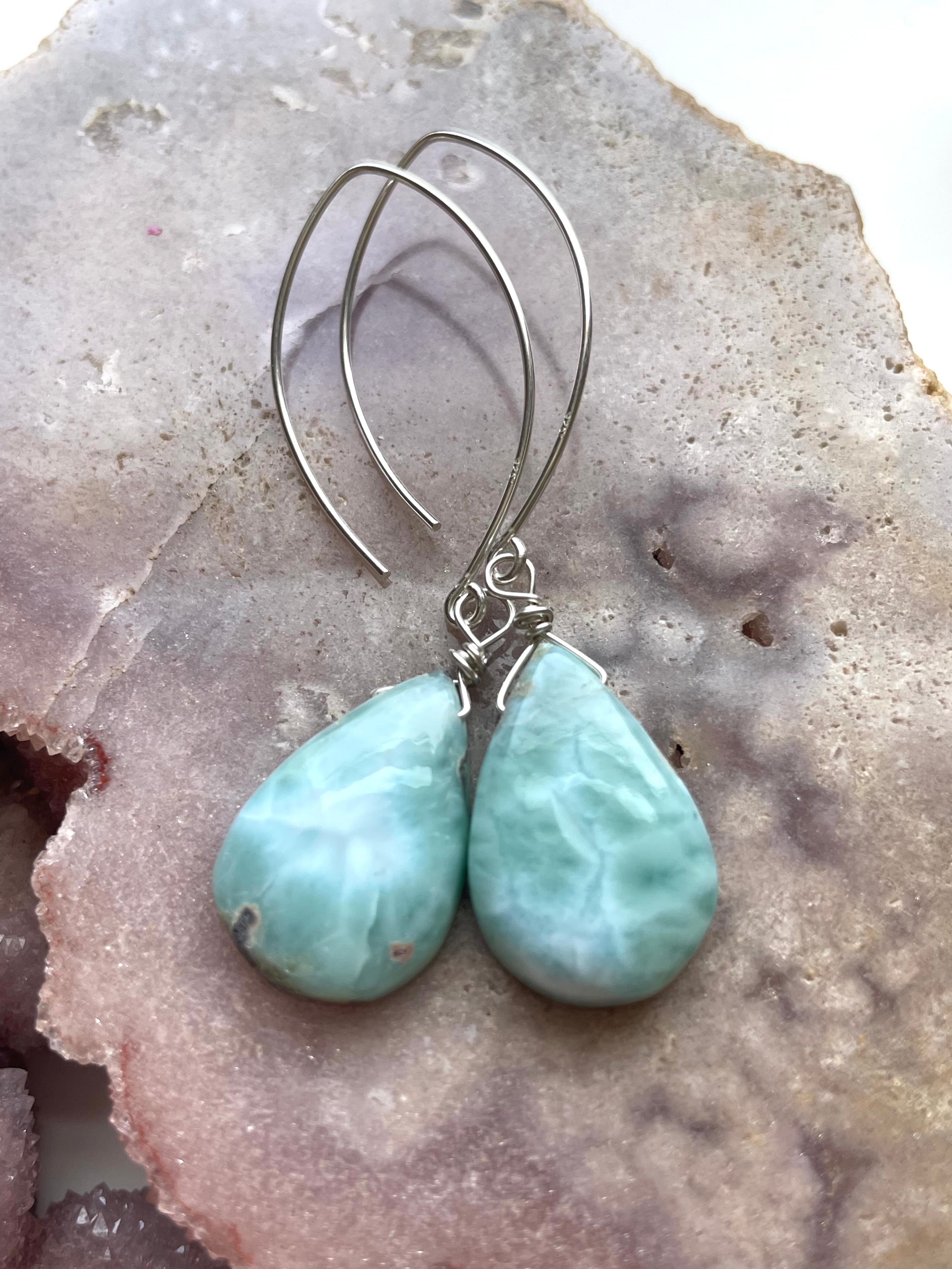 Long Larimar Earrings Dangle Sterling Silver – Handmade Gemstone Jewelry for Women, Boho Chic Accessories | Perfect for Weddings, Parties & Everyday Wear
