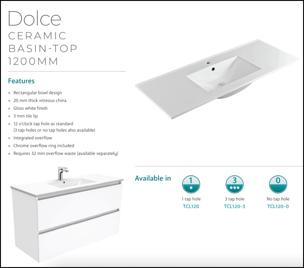 Fienza TCL120XK 1200mm Dolce Edge Modern Industrial Vanity with Kickboard - Perfect for Bathroom Renovation & Luxury Home Decor
