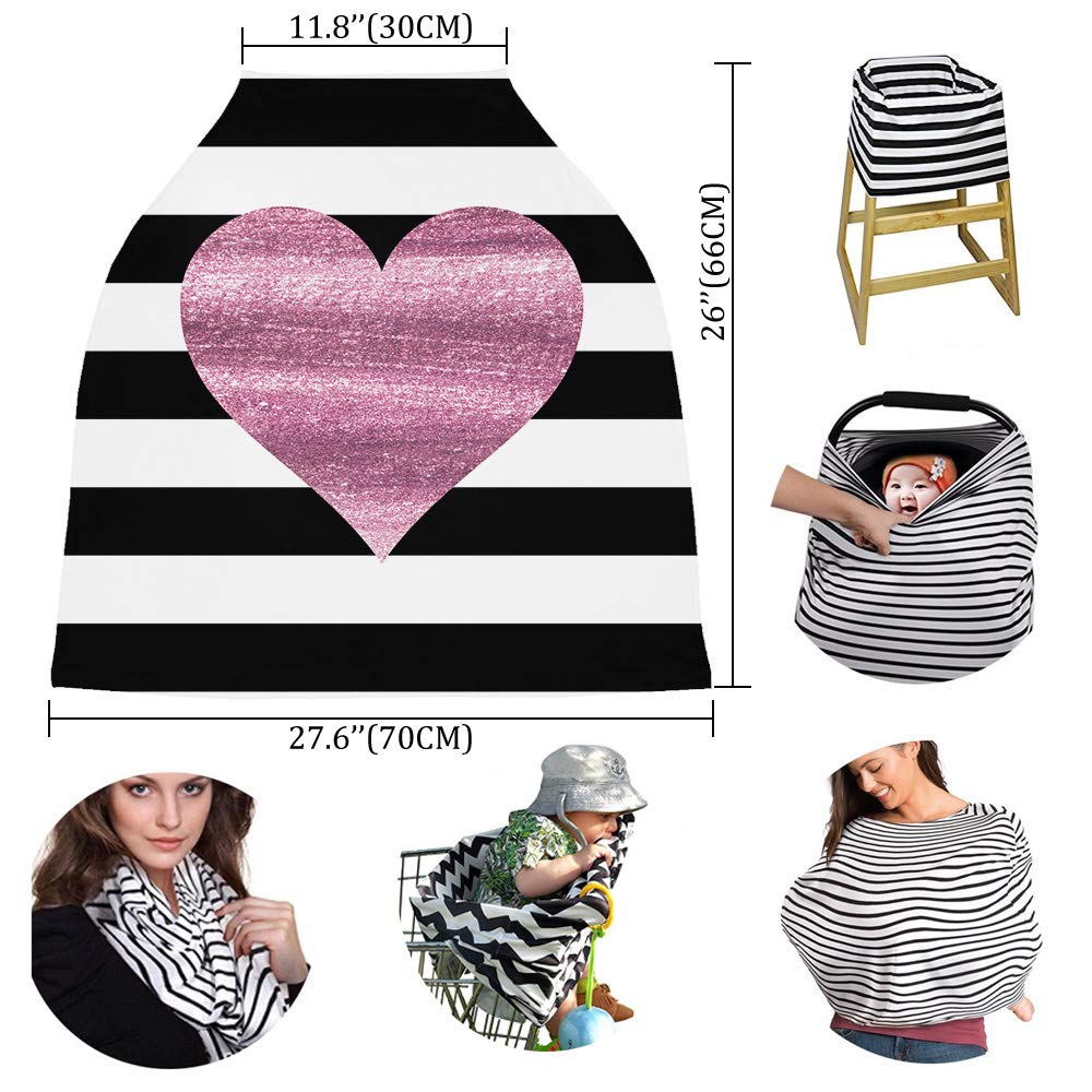 Breastfeeding Cover Scarf - Stretchy Soft & Breathable Nursing Poncho for Baby, Kids Car Seat & Stroller Cover - Heart Pink & Striped White Black Design - Perfect for Nursing Privacy, Travel & Outdoor Use