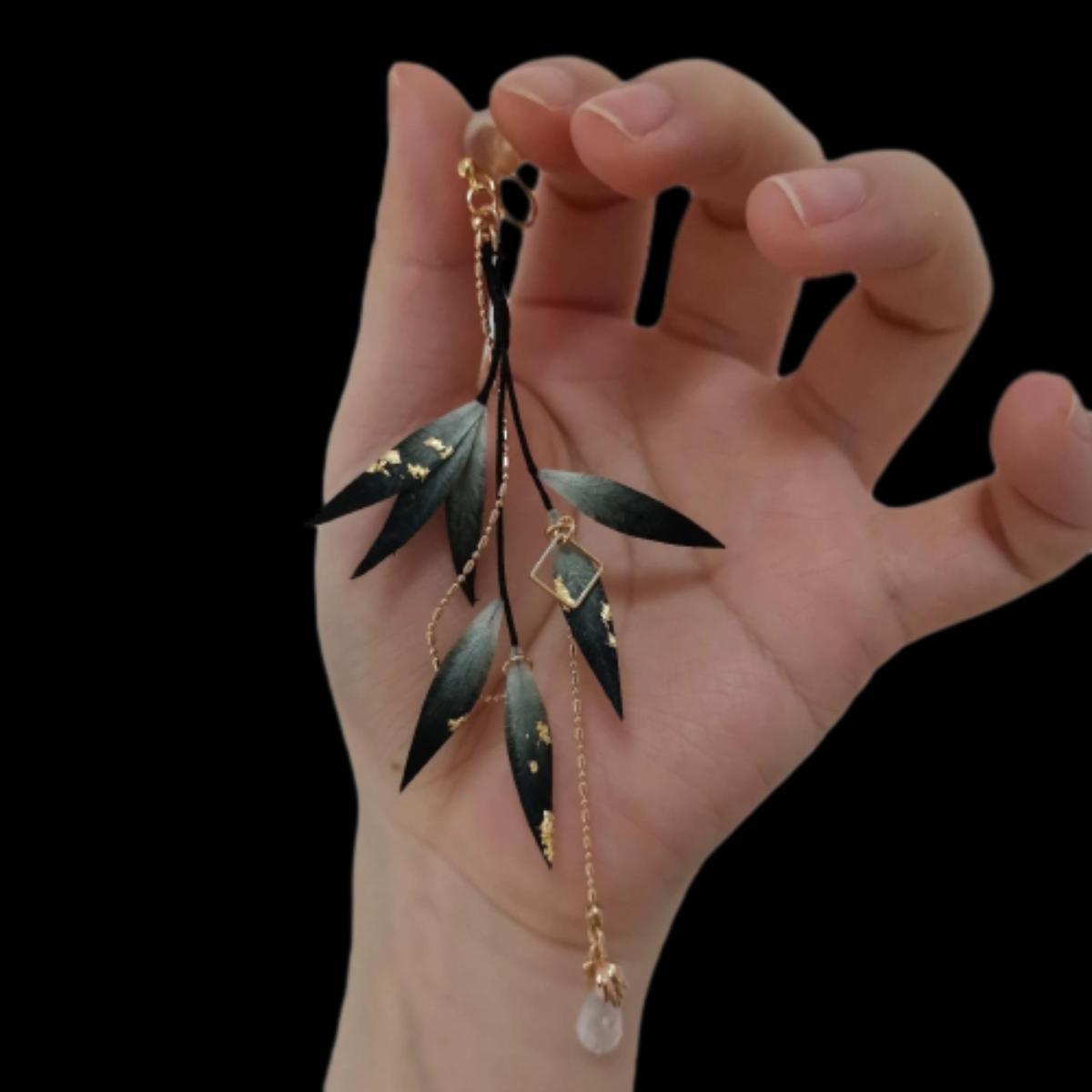 Exquisite Black Leaves Handmade Silk Earrings - Elegant Bespoke Jewelry for Women | Perfect for Weddings, Parties & Special Occasions