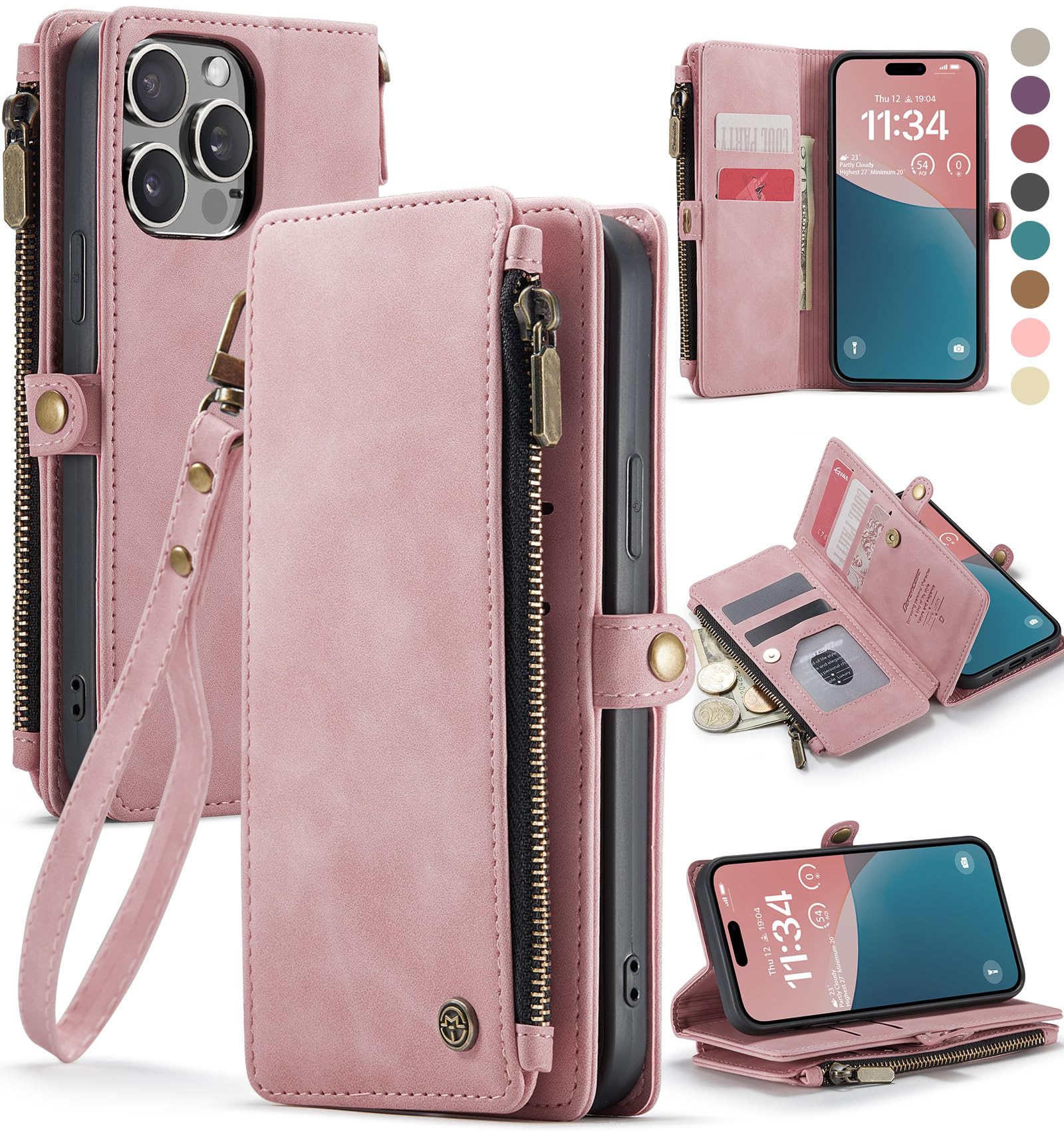 RFID Blocking iPhone 12/Pro Wallet Case - PU Leather Magnetic Flip Cover with Card Holder & Zipper Strap | Compatible with iPhone 12 & 12 Pro 6.1