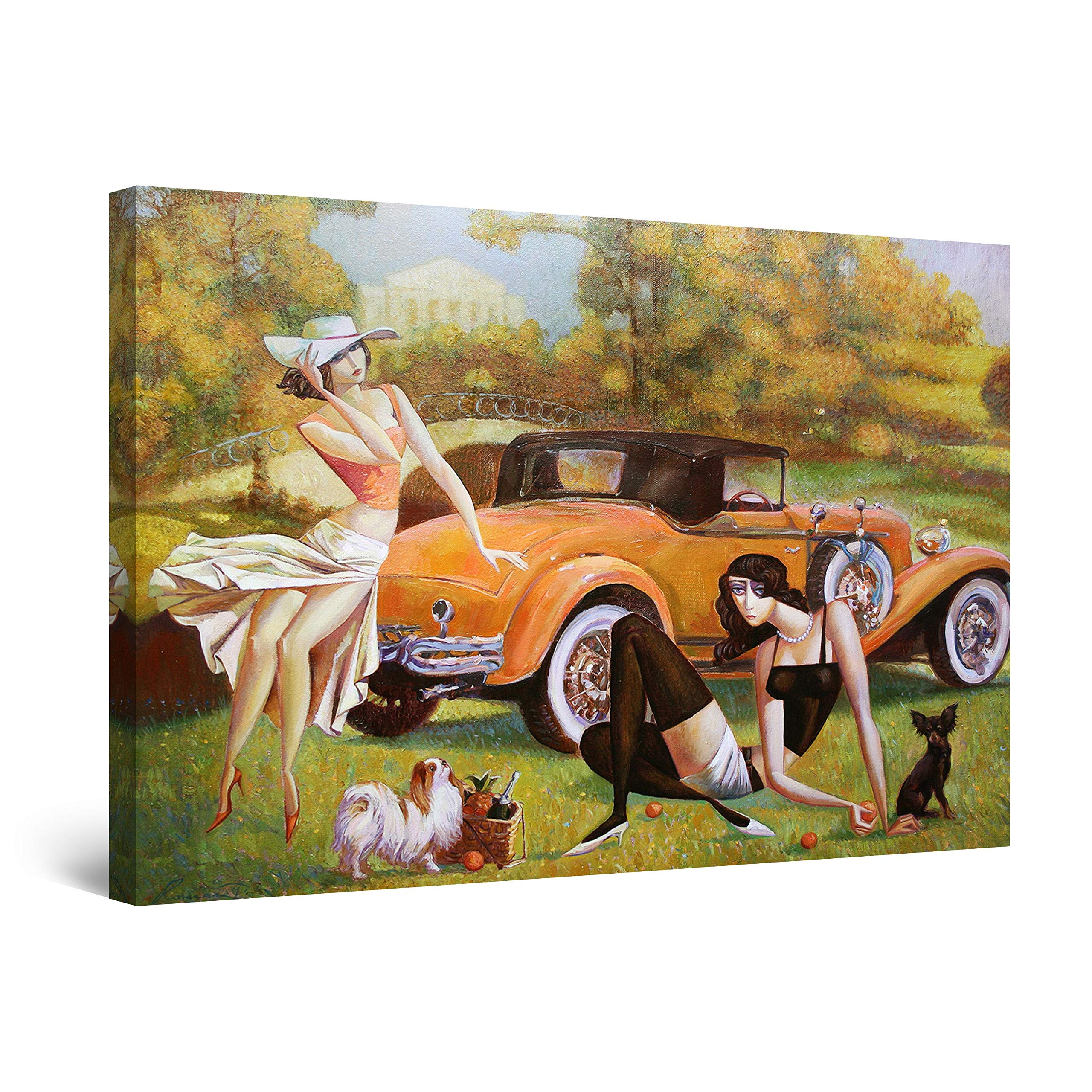 Abstract Orange Retro Car and Woman Canvas Wall Art - Framed 24x36 Inches Painting for Living Room, Bedroom & Office Decor | Modern Home Wall Decor