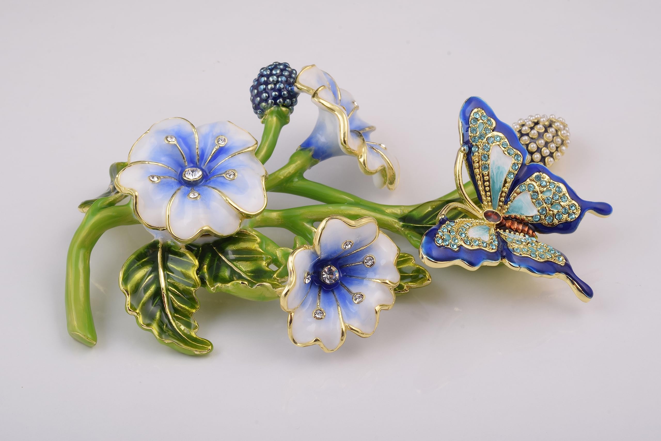 Exquisite Blue Butterfly on Branch with Flowers Faberge-Style Trinket Box - Elegant Home Decor Jewelry Storage for Bedroom, Bathroom & Gift Giving