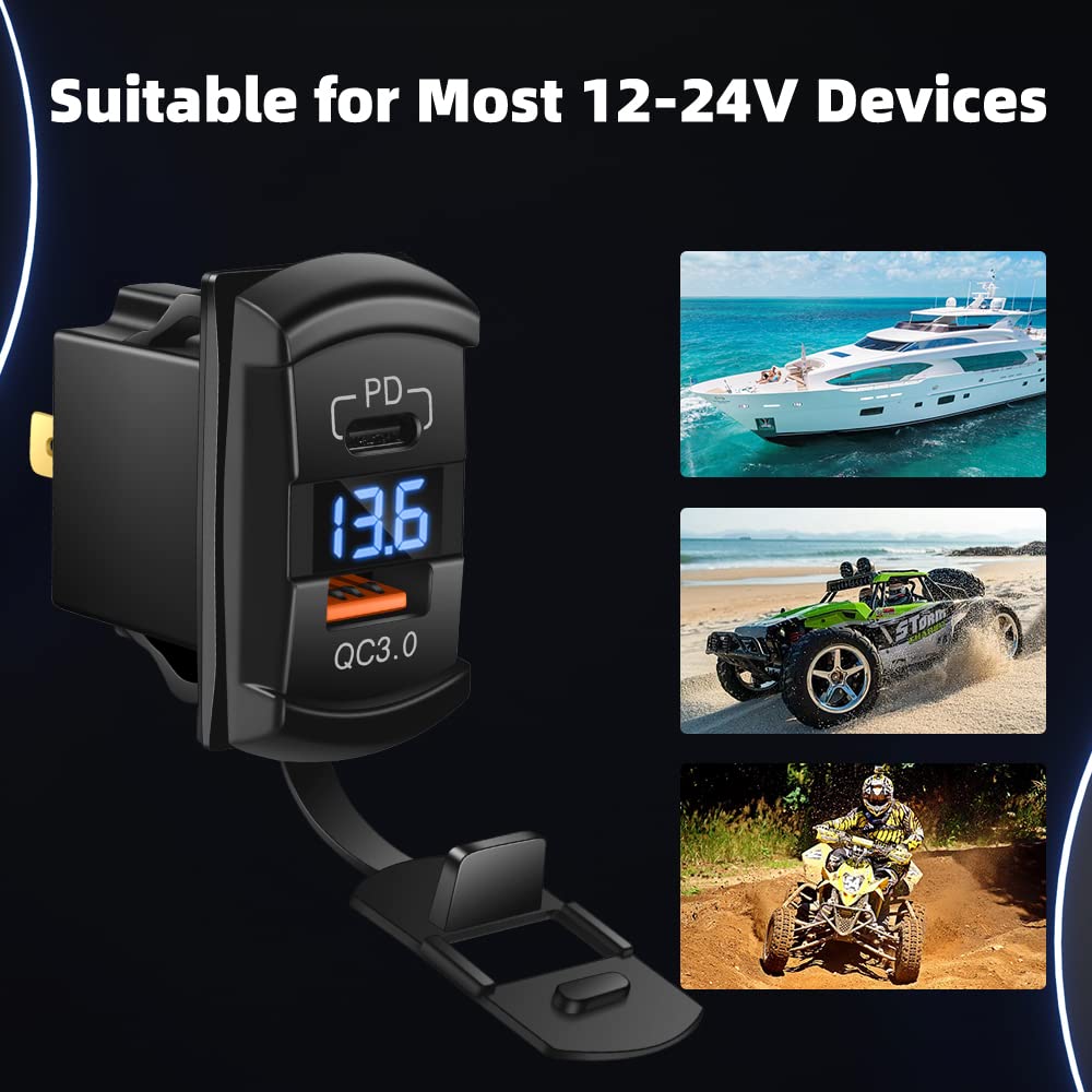 Waterproof USB C Rocker Switch with Dual PD & QC3.0 Fast Charging, 12V/24V Blue LED Voltmeter - Marine Grade USB Charger Socket for RV, Boat, Truck & Off-Road Vehicle Dashboards