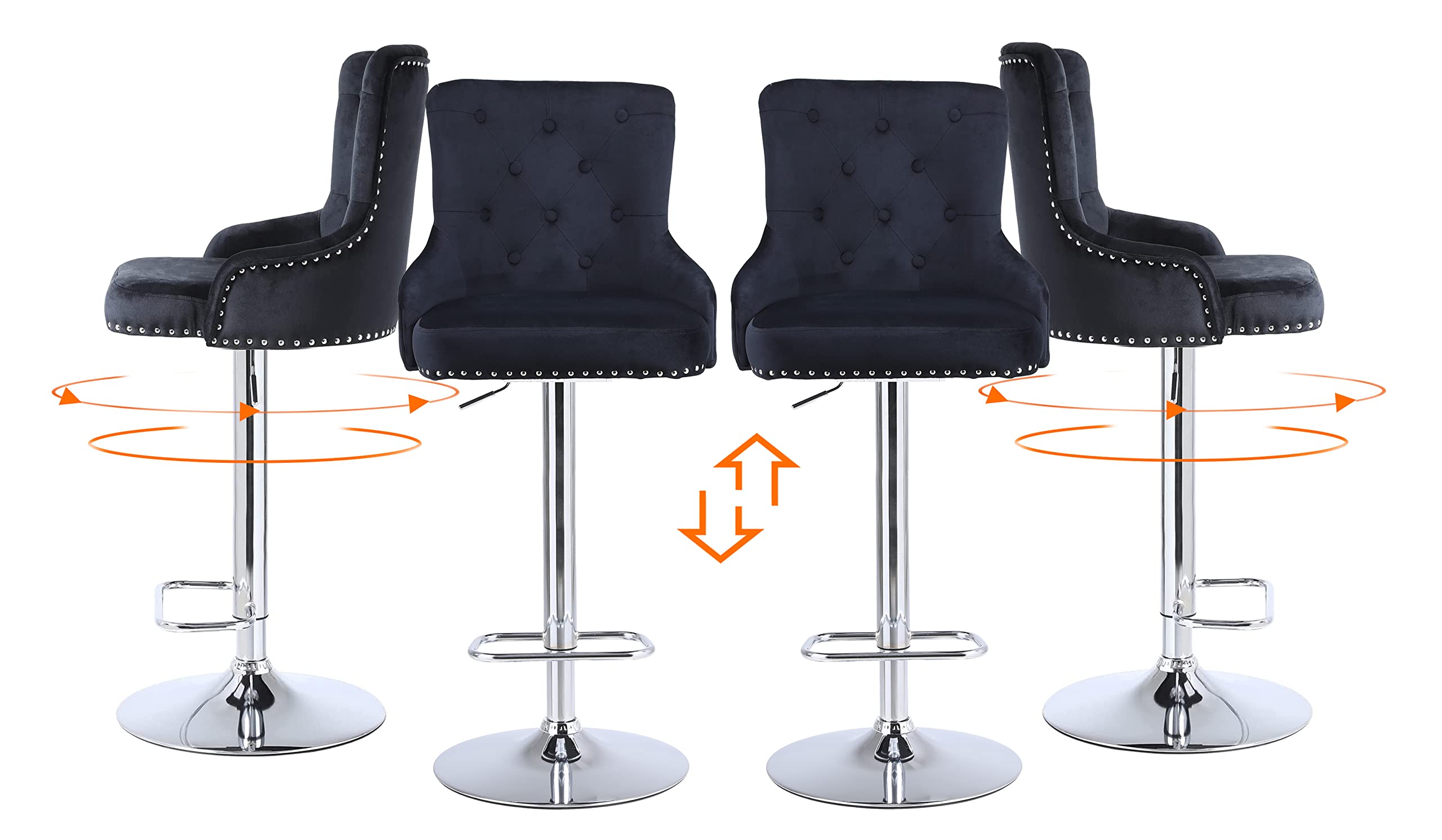 4-Pack Black Velvet Swivel Bar Stools with Backrest & Footrest - Adjustable Height Counter Stools for Kitchen, Dining & Home Bar - Modern High Bar Stool Set for Breakfast Nook, Kitchen Island & Entertainment Areas