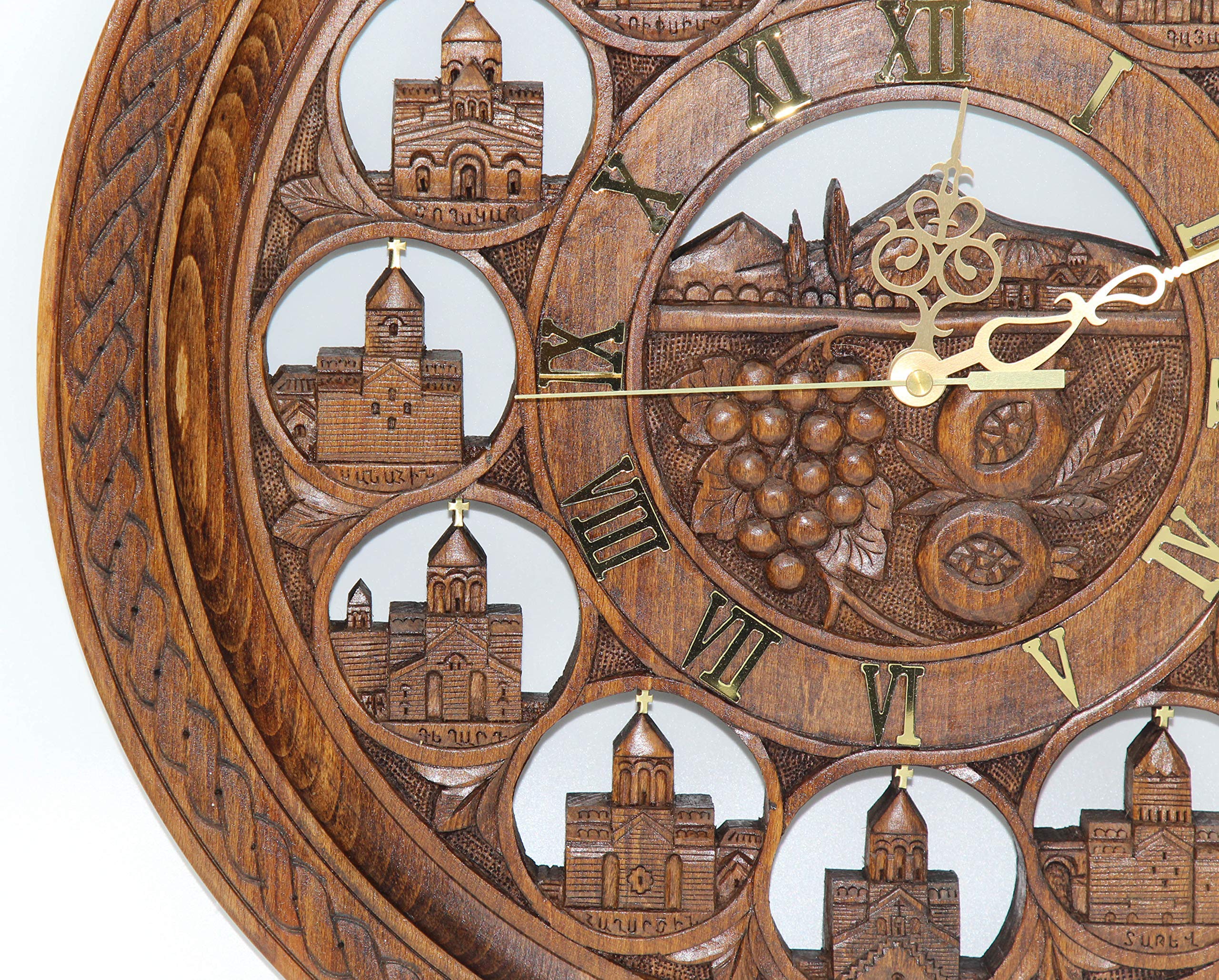 Handmade Wooden Wall Clock - Armenian Church & Mount Ararat Carved Decor - Unique Wood Art Gift for Home, Office & Church Decorations