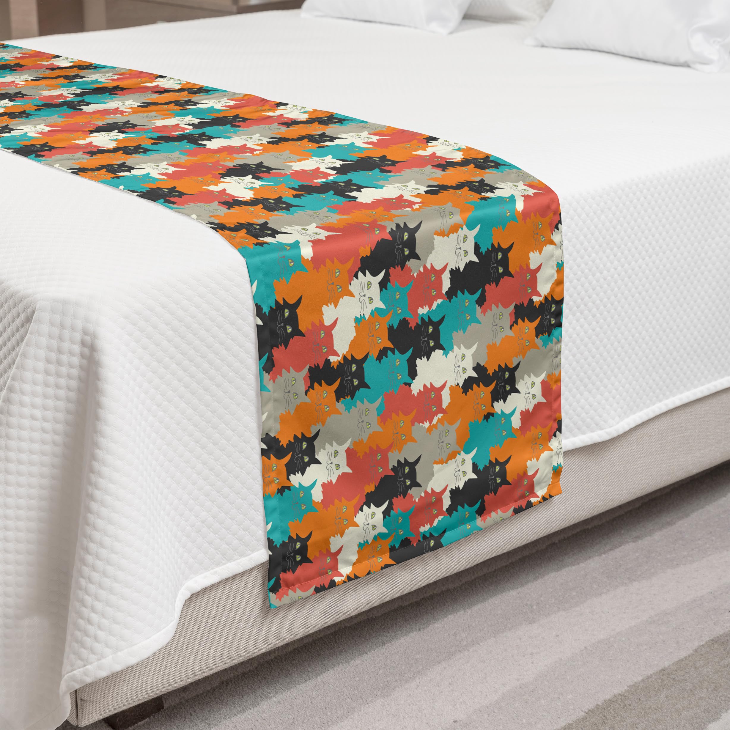 Ambesonne Funny Colorful Kittens Bed Runner - Decorative Cat Print Accent Scarf for Bed, Sofa & Dresser - Soft Fluffy Whiskers Design for Home, Hotel & Guest Room Decor - Perfect for Cozy Bedrooms, Living Rooms & Pet-Friendly Spaces (Multicolor)