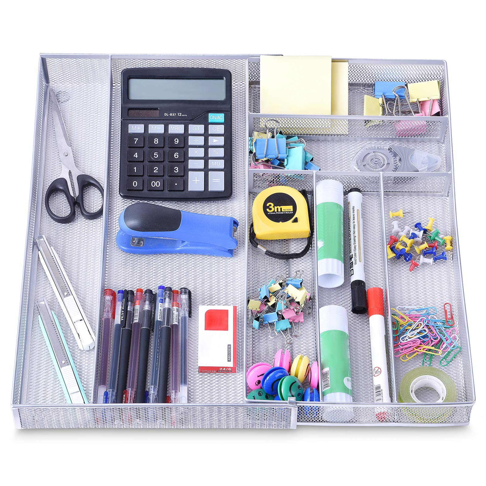 WuGeShop Expandable Mesh Desk Drawer Organizer - 6 to 7 Adjustable Compartments for Office & Art Supplies Storage | Perfect for Home Office, School, Craft Room Organization