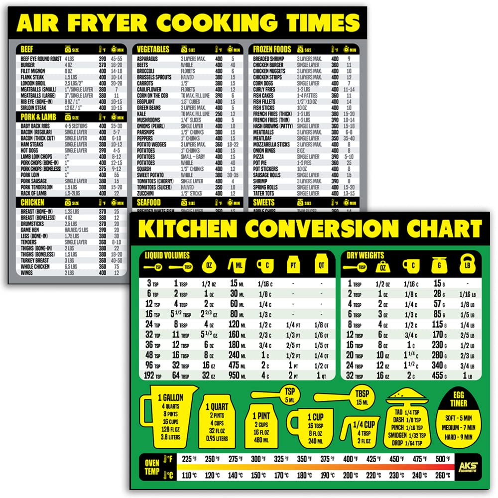 Extra Large Air Fryer Cheat Sheet & Kitchen Conversion Chart Magnet Bundle - Easy to Read Cooking, Baking & Recipe Unit Conversion Guides for Air Frying - Perfect for Home Chefs & Kitchen Organization