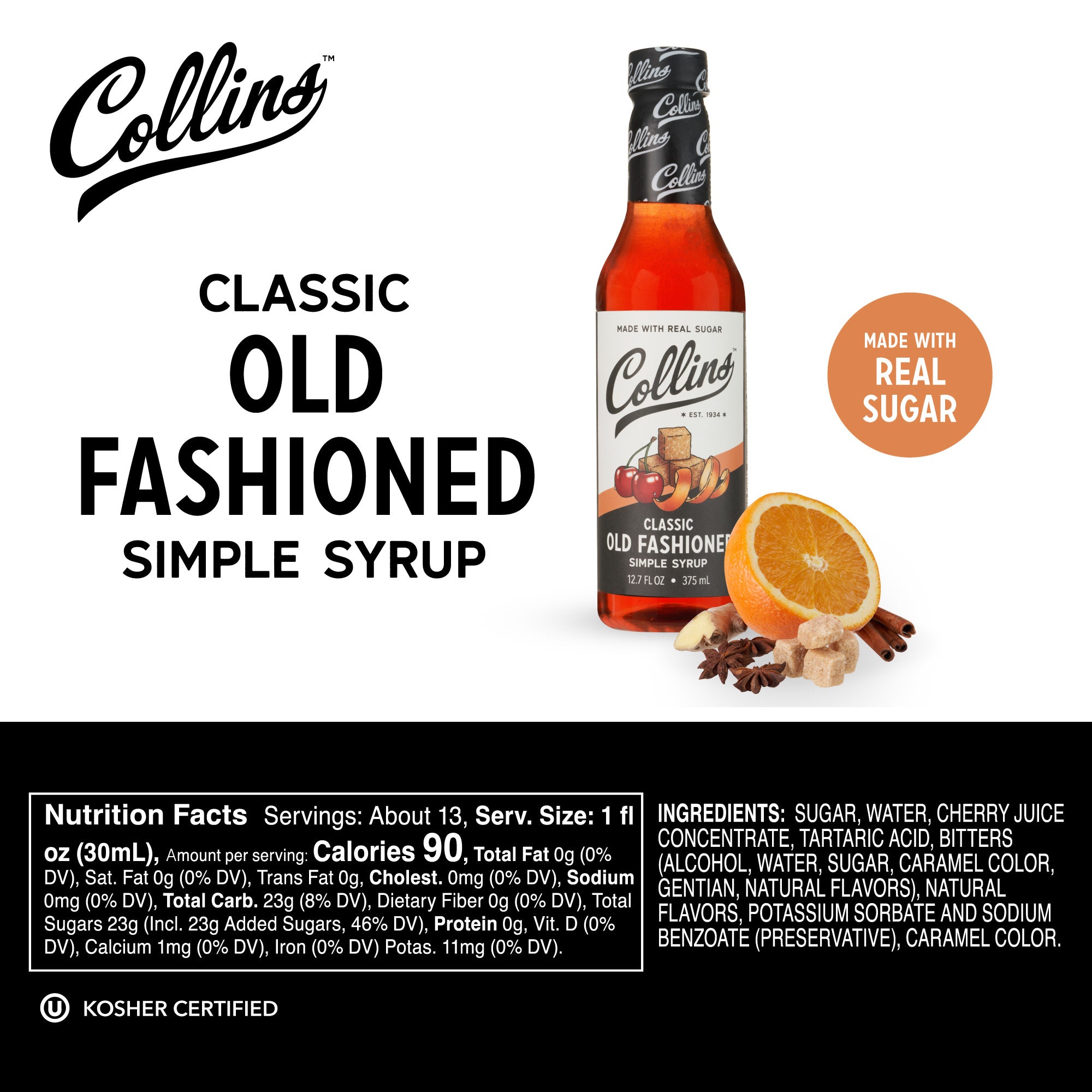 Classic Old Fashioned Simple Syrup - 12.7 oz Bottle | Perfect for Cocktails, Mocktails & Baking | Premium Bar Mixer for Whiskey, Bourbon & Homemade Drinks