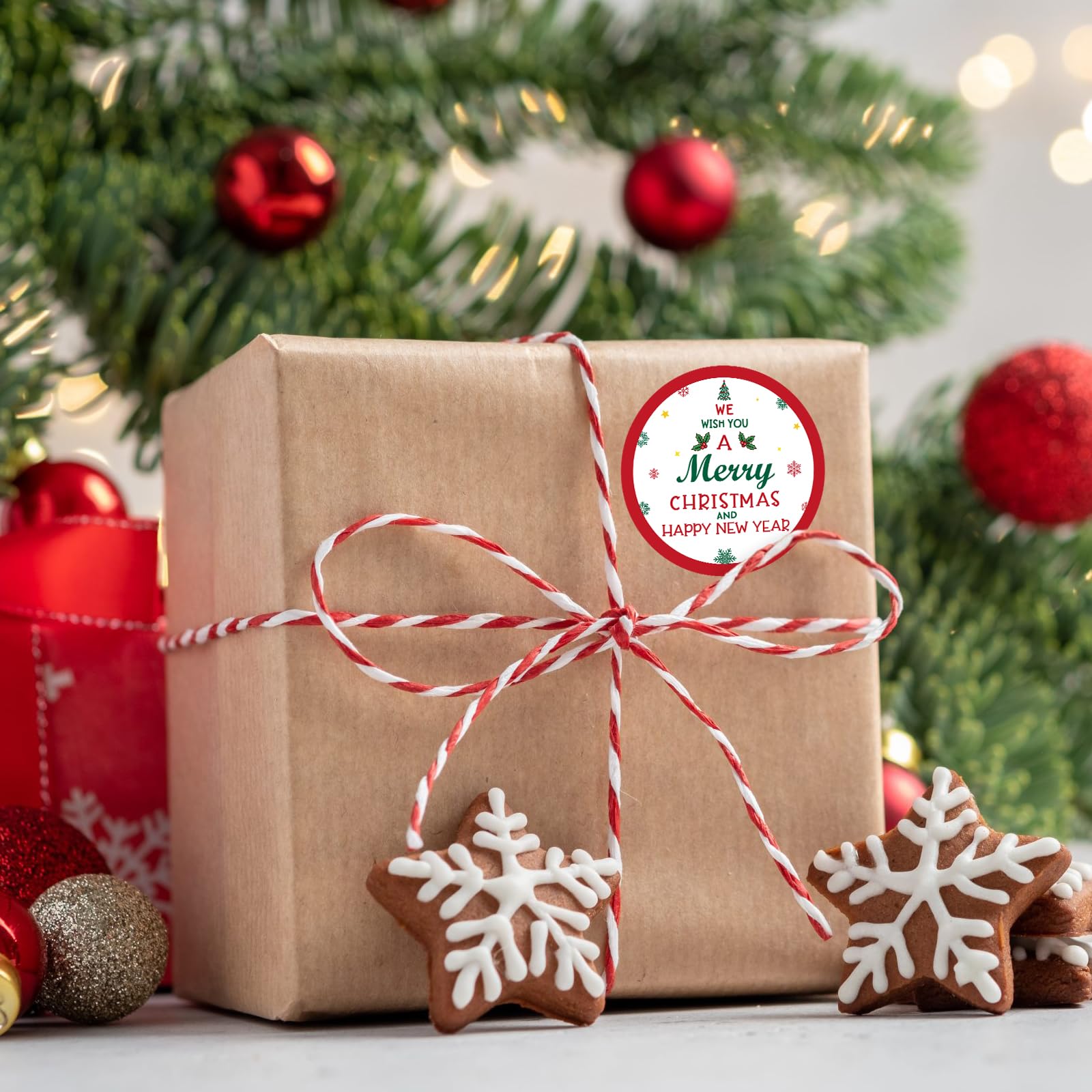 Anwyll Merry Christmas Stickers & Happy New Year Stickers - 50pcs Festive Red & White Decorative Labels for Gift Wrapping, Packaging Boxes & Bags - Perfect for Holiday Cards, Presents & DIY Crafts
